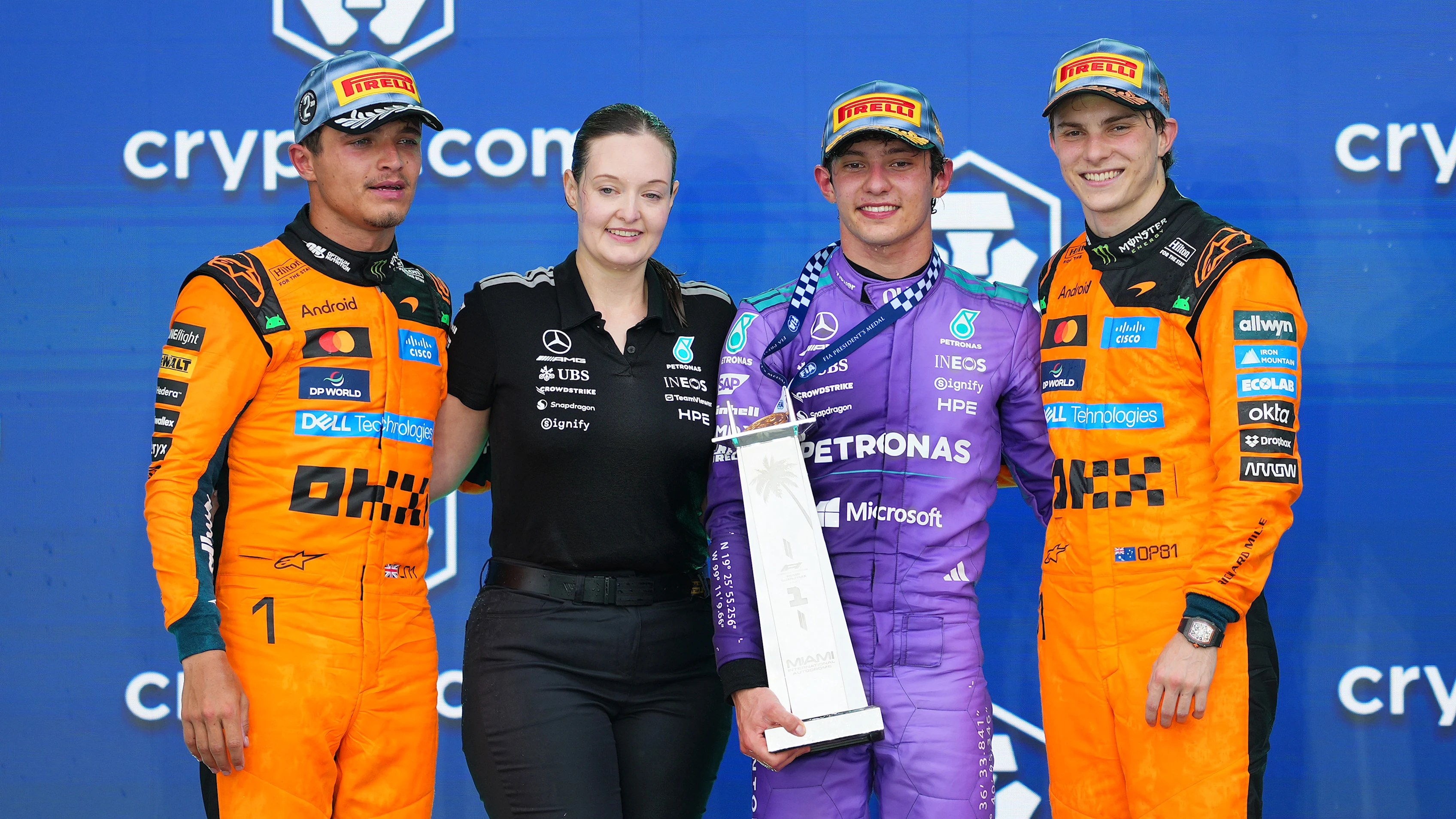 MIAMI, FLORIDA - MAY 03: Race winner Andrea Kimi Antonelli of Italy and Mercedes AMG Petronas F1