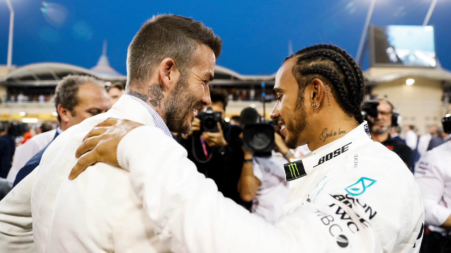 BAHRAIN INTERNATIONAL CIRCUIT, BAHRAIN - MARCH 31: David Beckham, and Lewis Hamilton, Mercedes AMG