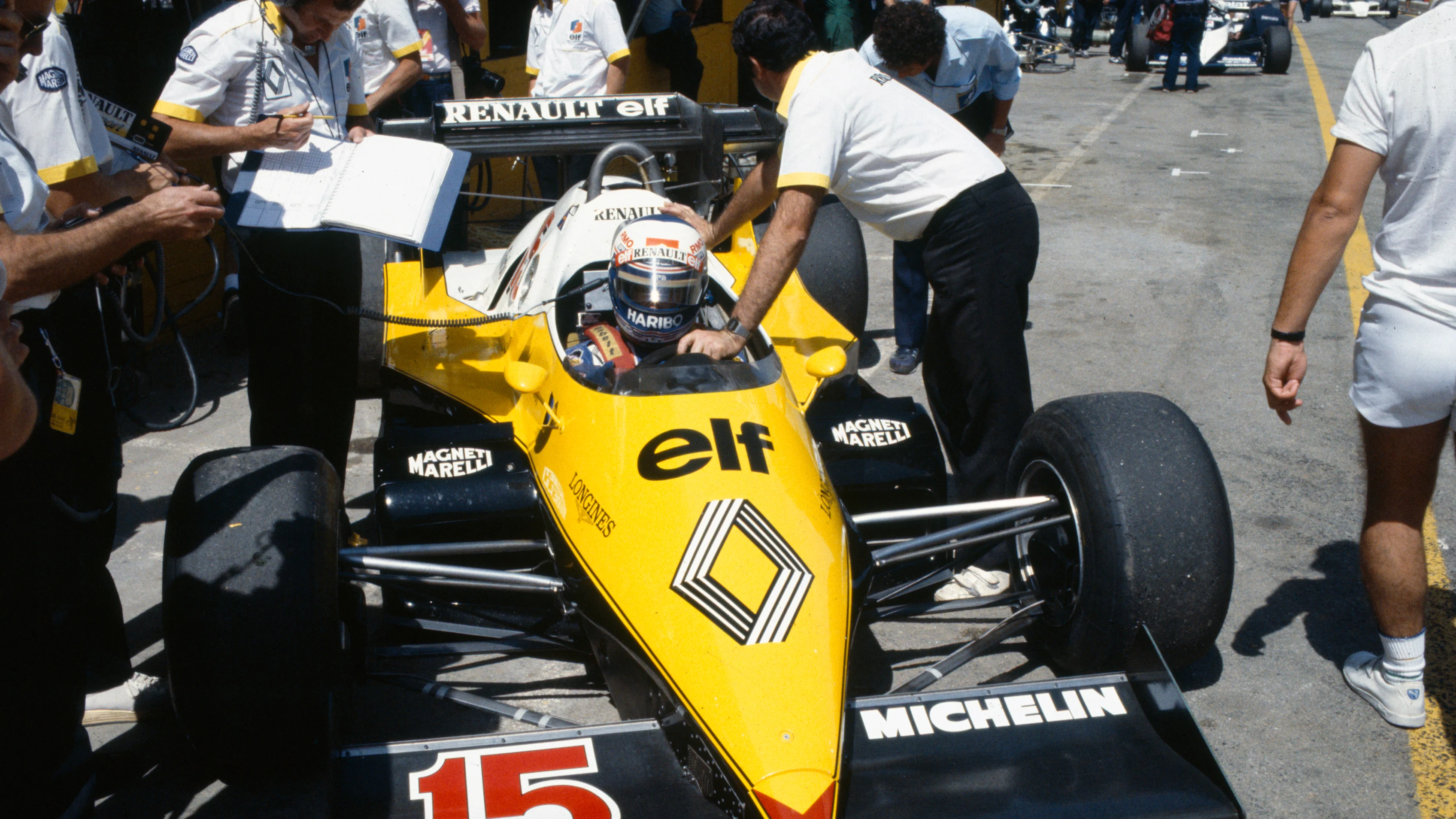 KYALAMI, SOUTH AFRICA - OCTOBER 15: Alain Prost, Renault RE40, is wheeled into the garage during