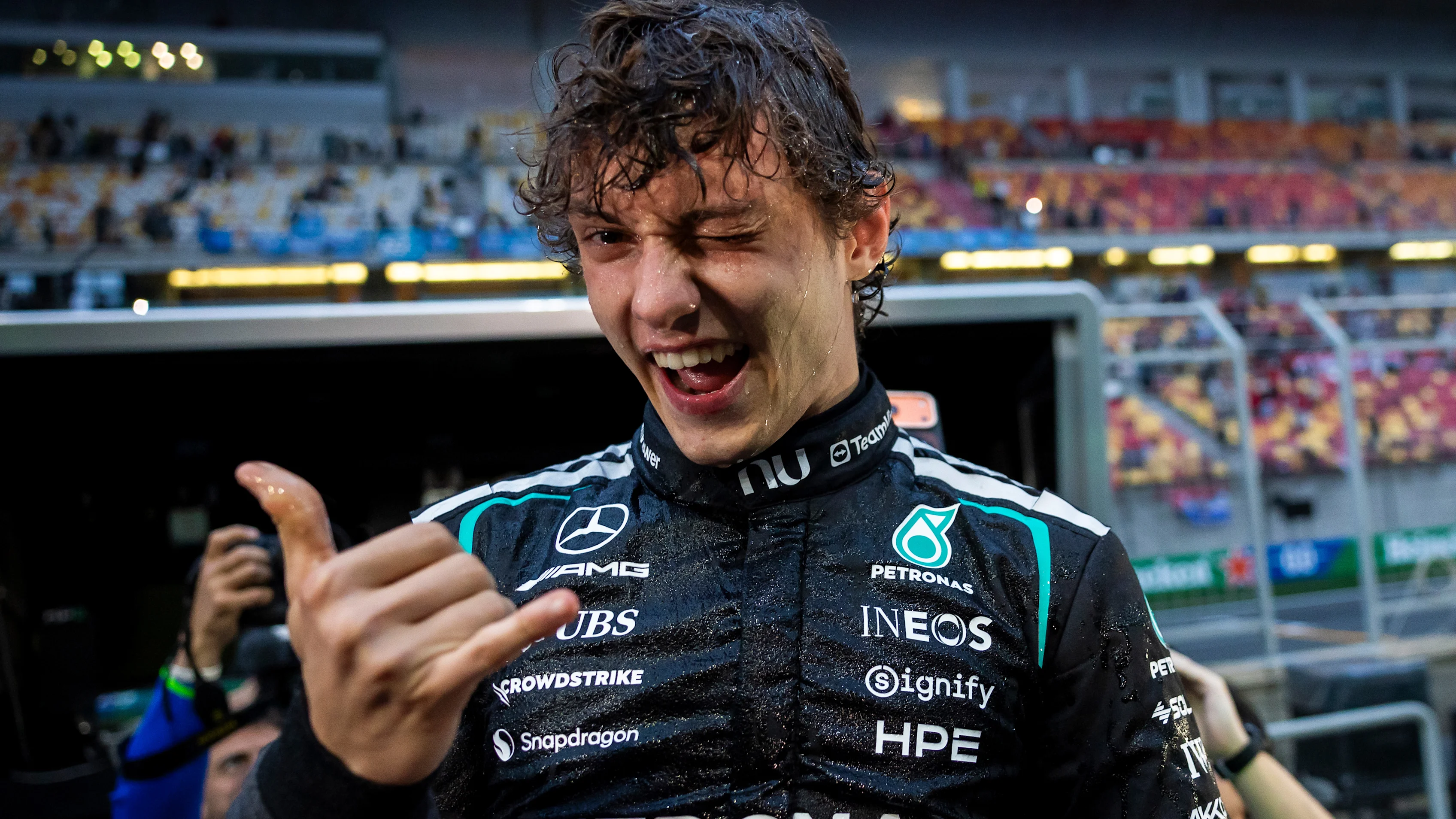 SHANGHAI, CHINA - MARCH 15: Race winner Andrea Kimi Antonelli of Italy and Mercedes AMG Petronas F1