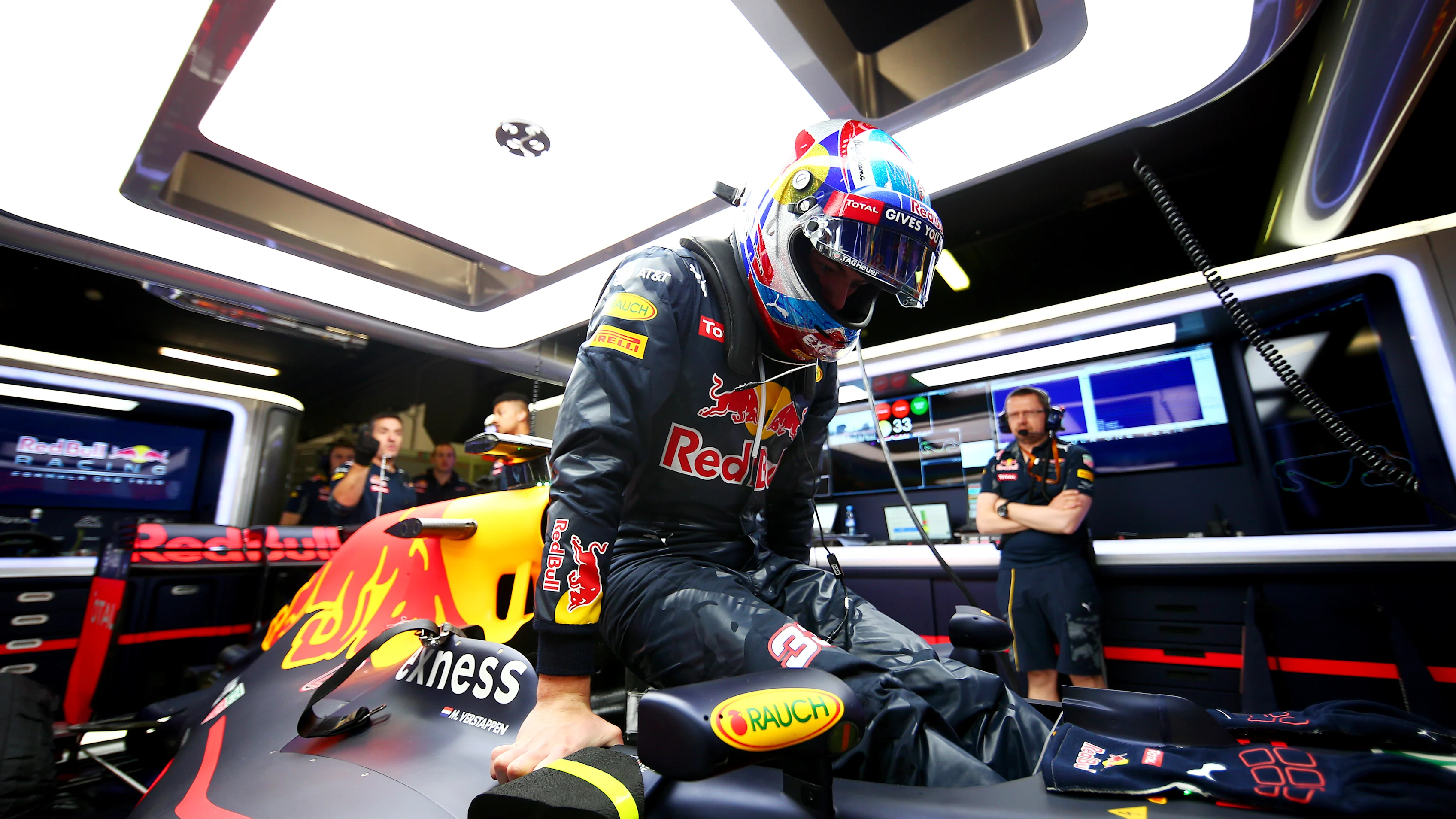 MONTMELO, SPAIN - MAY 18: Max Verstappen of Netherlands and Red Bull Racing gets into his car in