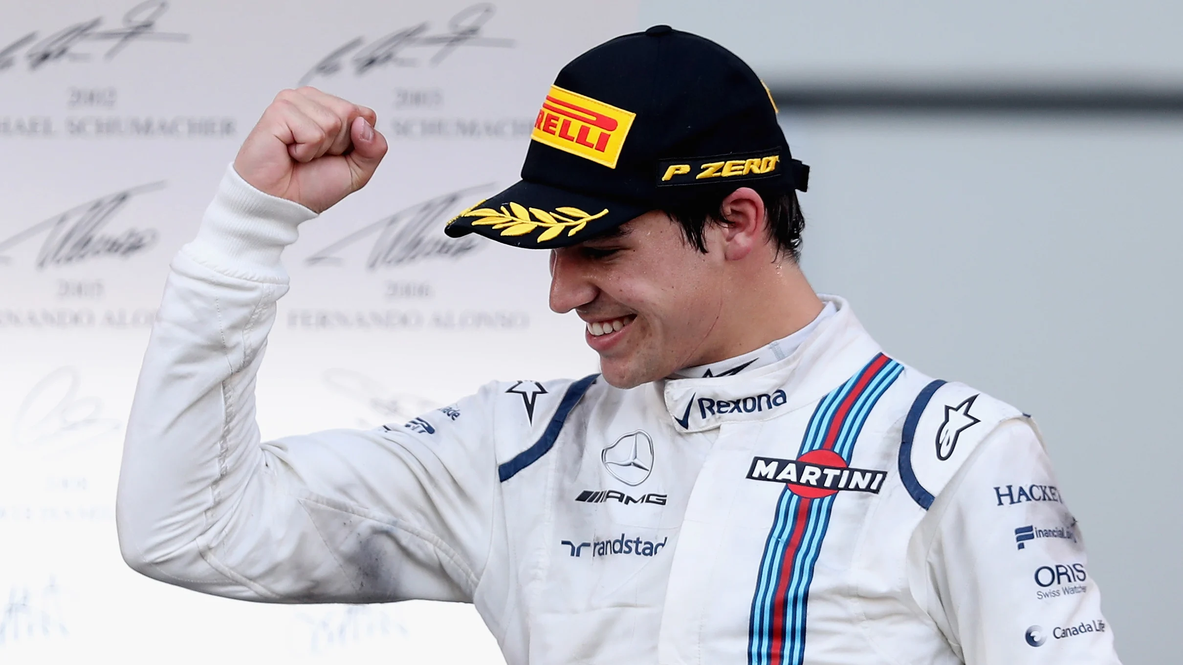 BAKU, AZERBAIJAN - JUNE 25:  Third placed finisher Lance Stroll of Canada and Williams celebrates