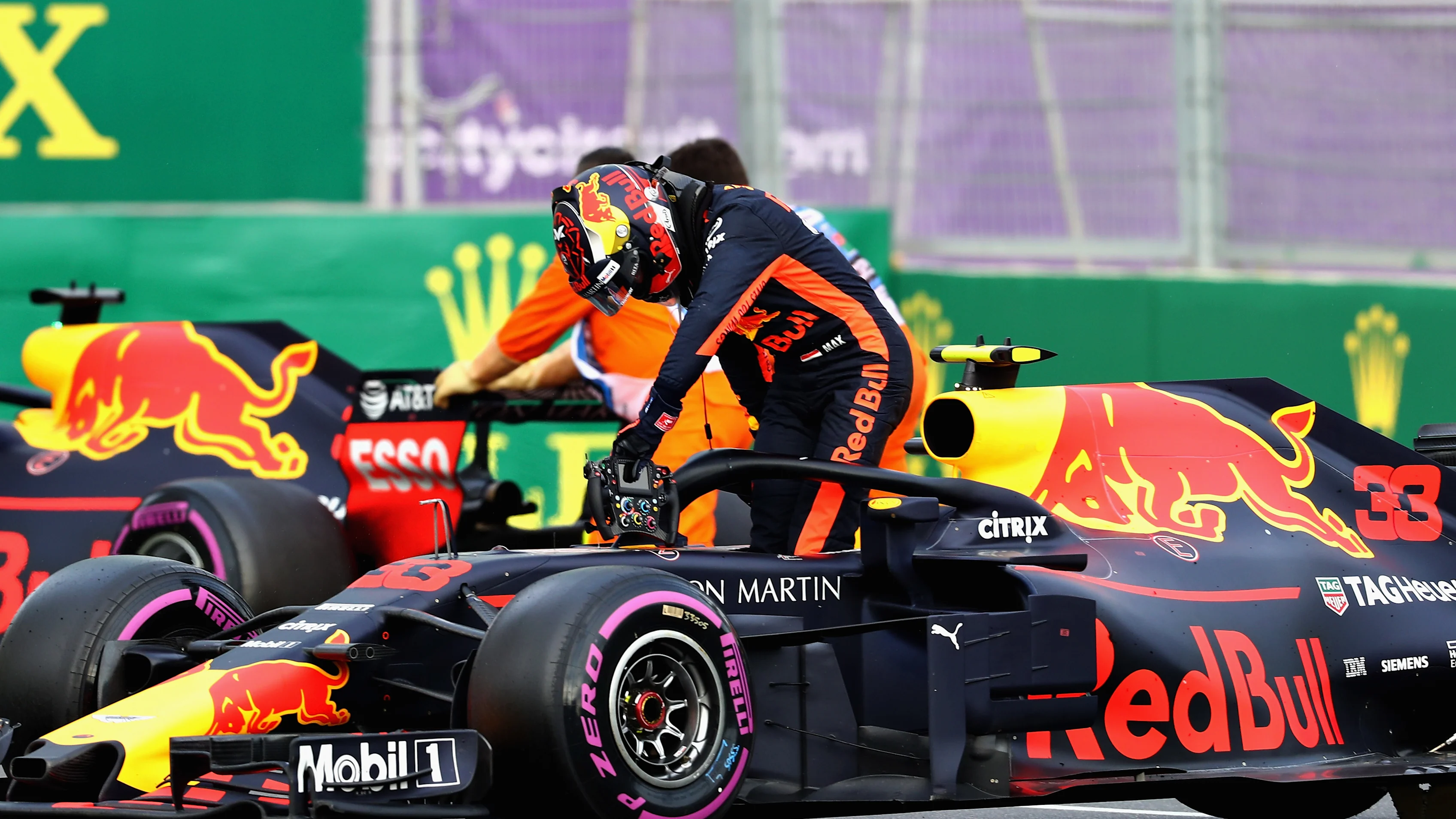 BAKU, AZERBAIJAN - APRIL 29: Max Verstappen of Netherlands and Red Bull Racing climbs from his car