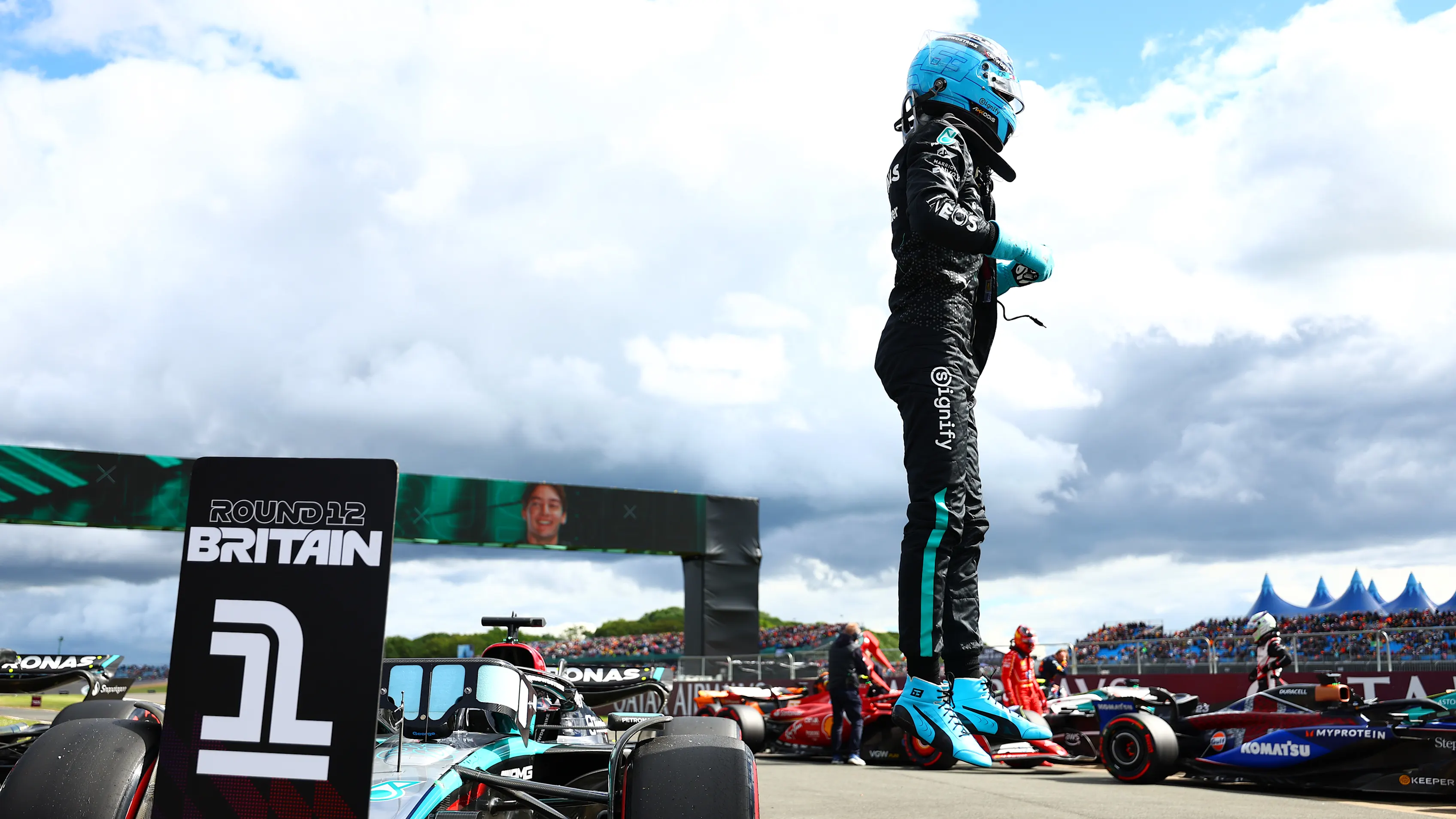 NORTHAMPTON, ENGLAND - JULY 06: Pole position qualifier George Russell of Great Britain and