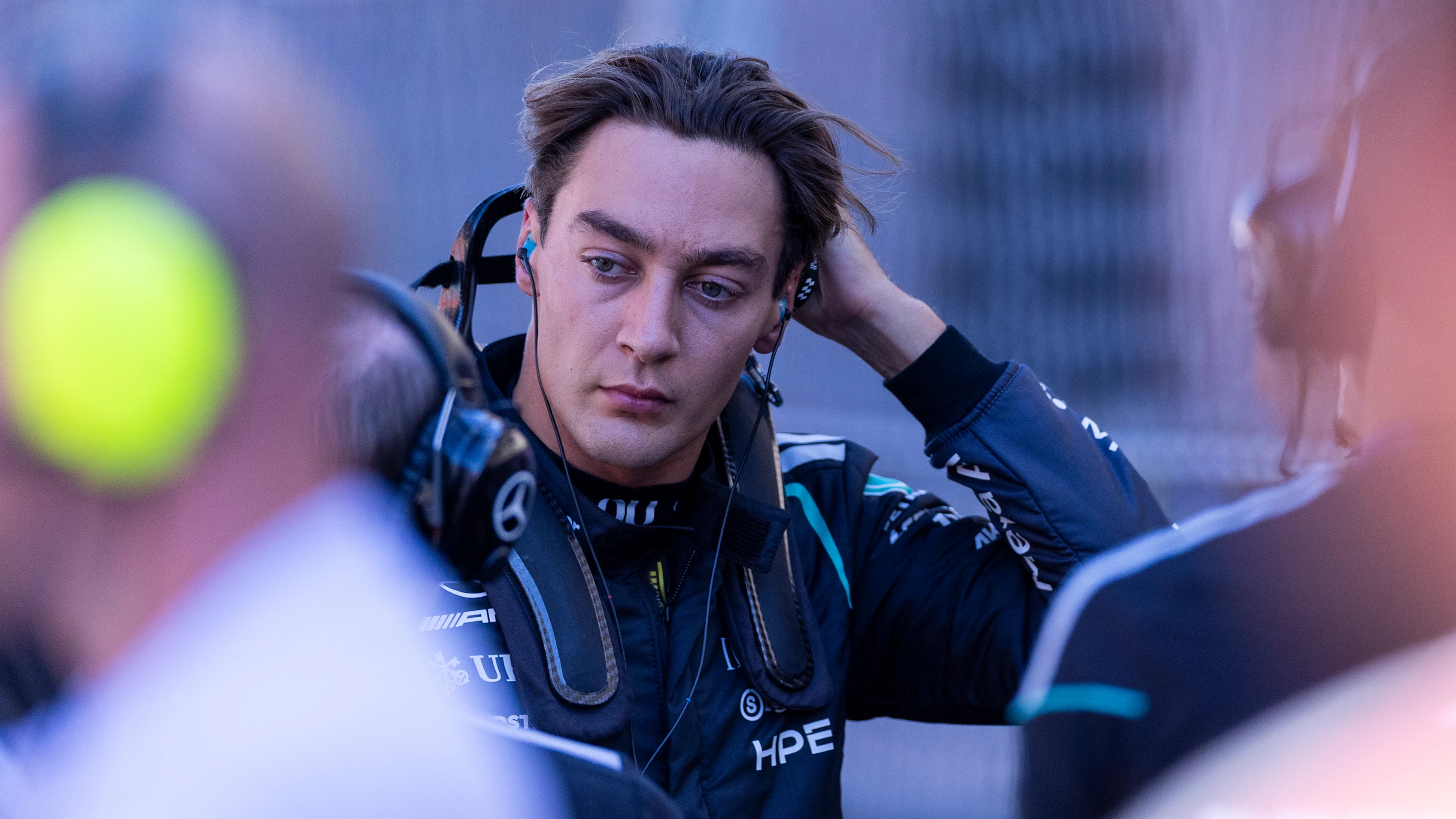 George Russell is seen focused for the race during the F1 Grand Prix of Spain at Madring in Madrid,