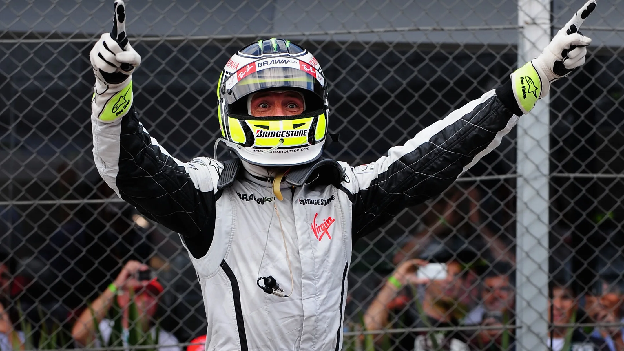 SAO PAULO, BRAZIL - OCTOBER 18:  Jenson Button of Great Britain and Brawn GP celebrates in parc