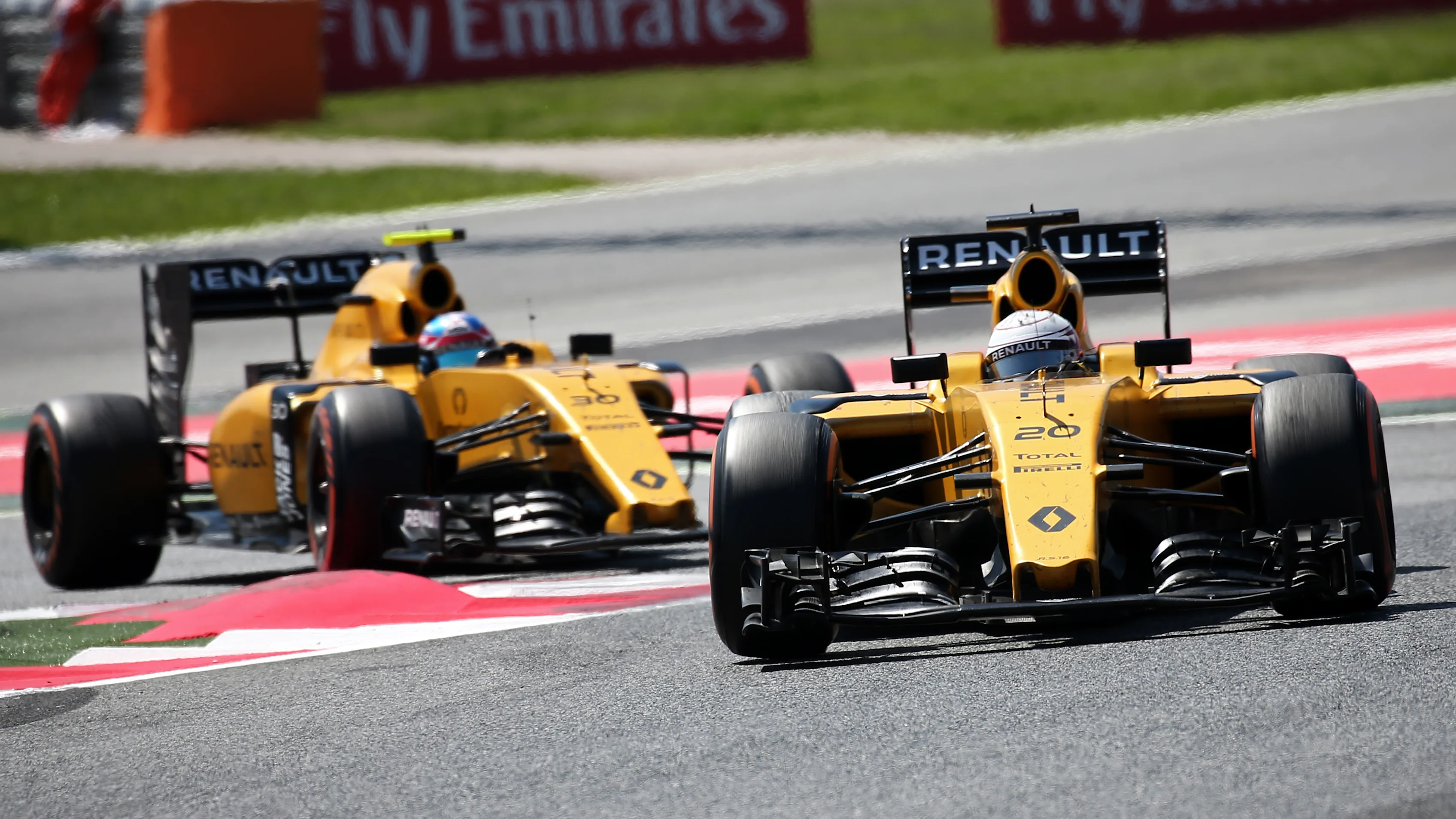 Kevin Magnussen and Jolyon Palmer during the race of the GP Spain of Formula 1, held at the