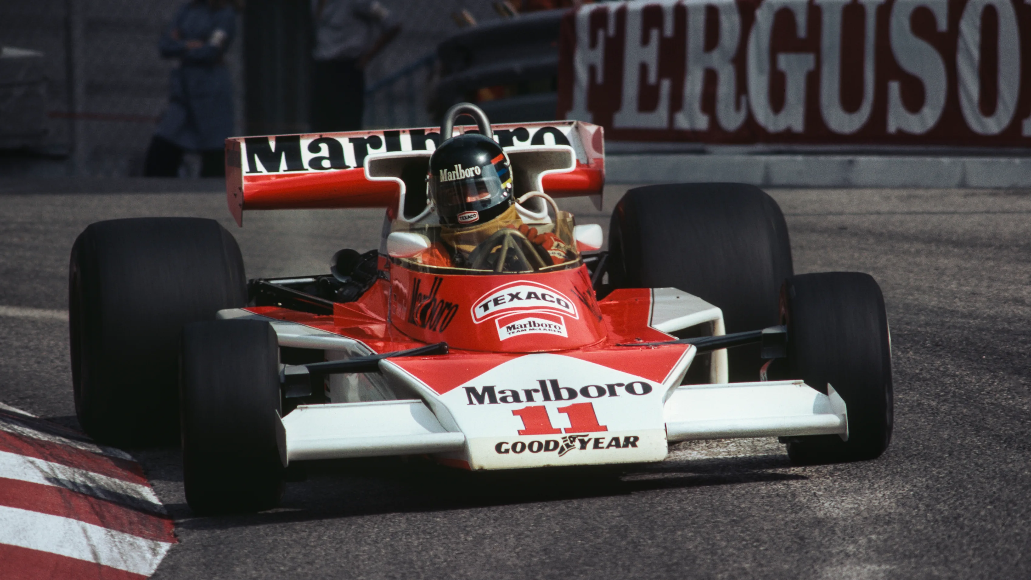 James Hunt of Great Britain drives the #11 Marlboro Team McLaren McLaren M23 Ford V8 during the