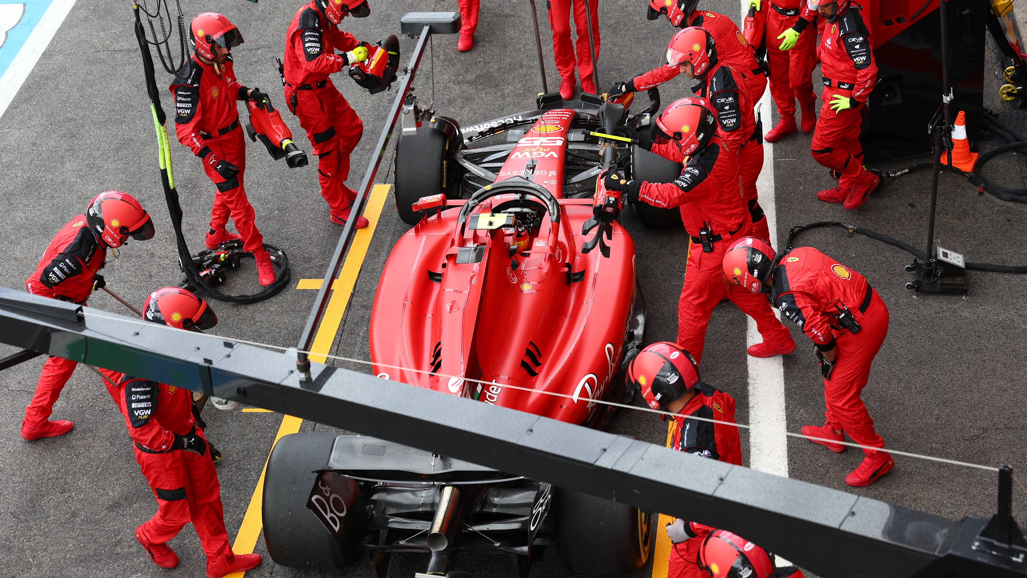 SPA, BELGIUM - JULY 30: Carlos Sainz of Spain driving (55) the Ferrari SF-23 makes a pitstop during