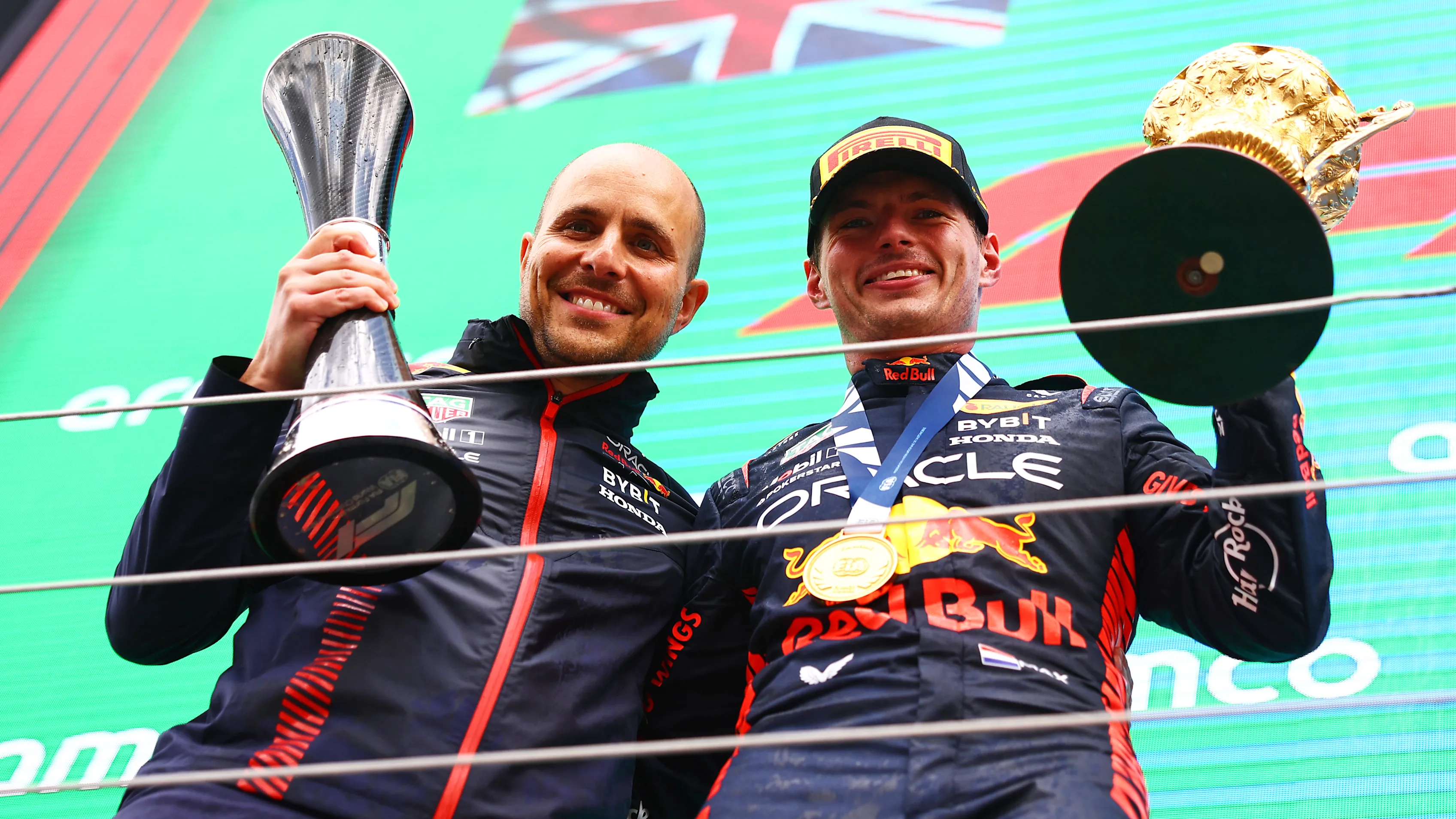 NORTHAMPTON, ENGLAND - JULY 09: Race winner Max Verstappen of the Netherlands and Oracle Red Bull