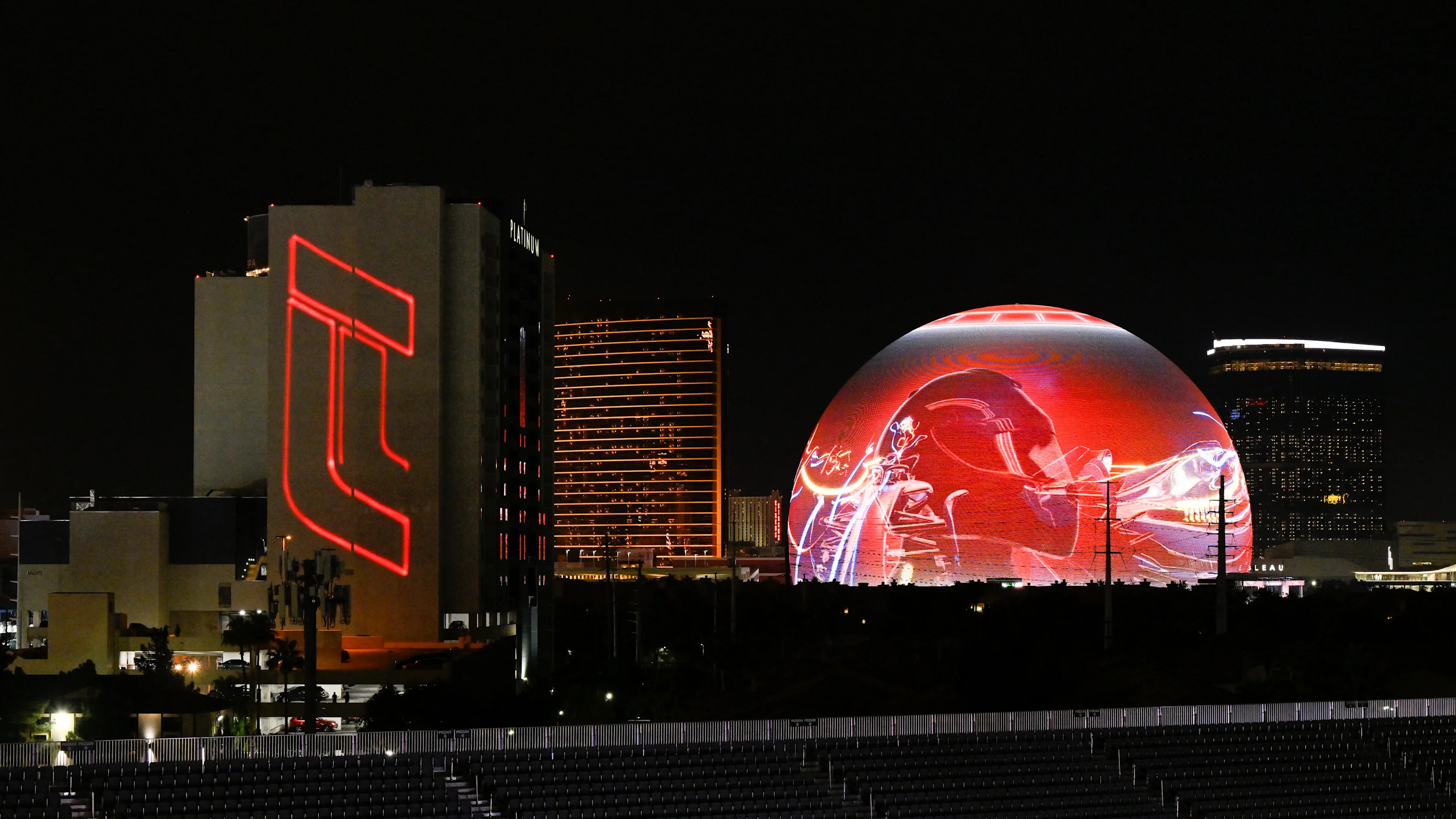 LAS VEGAS, NEVADA - NOVEMBER 15: A general view of the Sphere during previews ahead of the F1 Grand