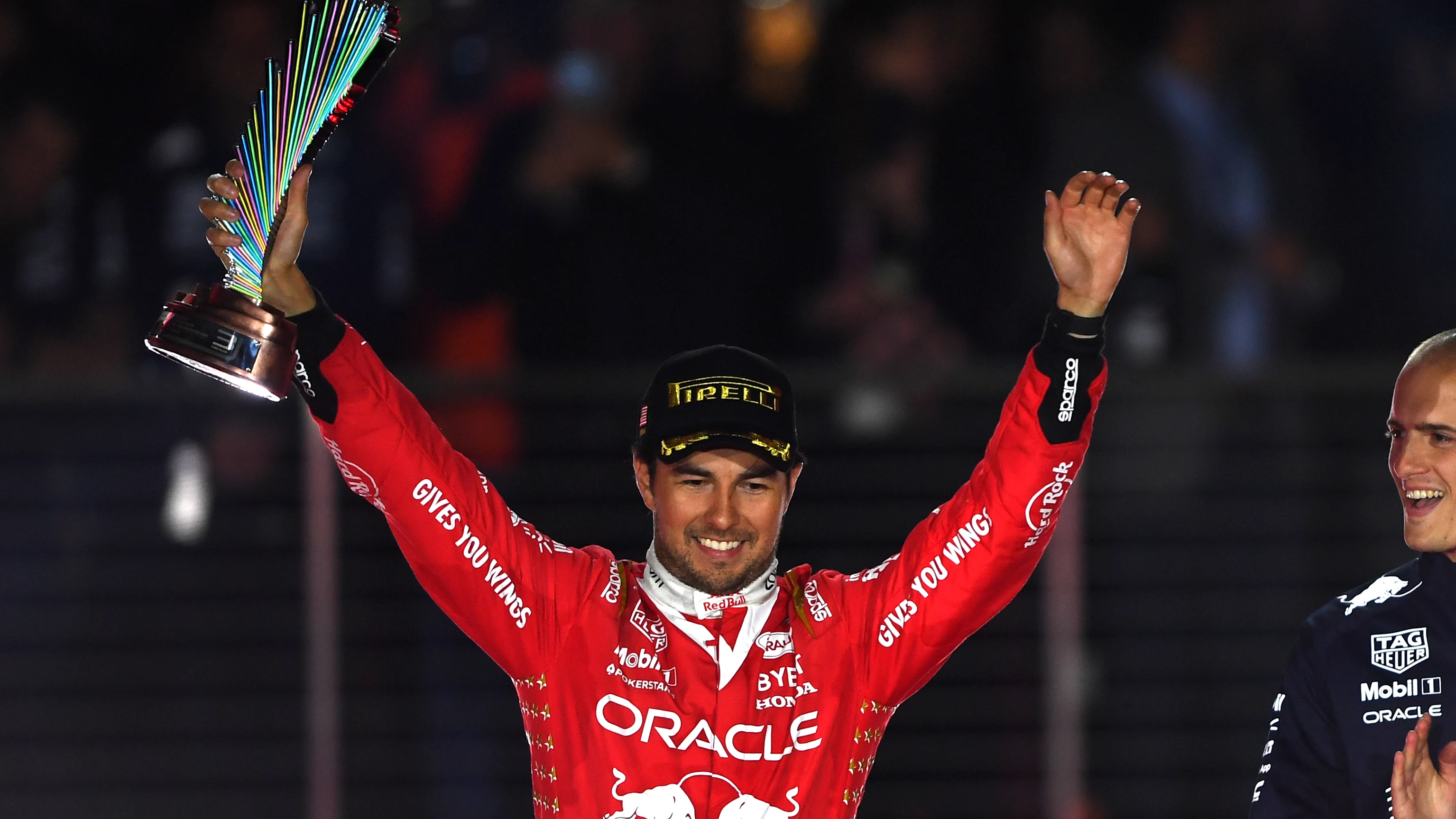 LAS VEGAS, NEVADA - NOVEMBER 18: Second placed Sergio Perez of Mexico and Oracle Red Bull Racing