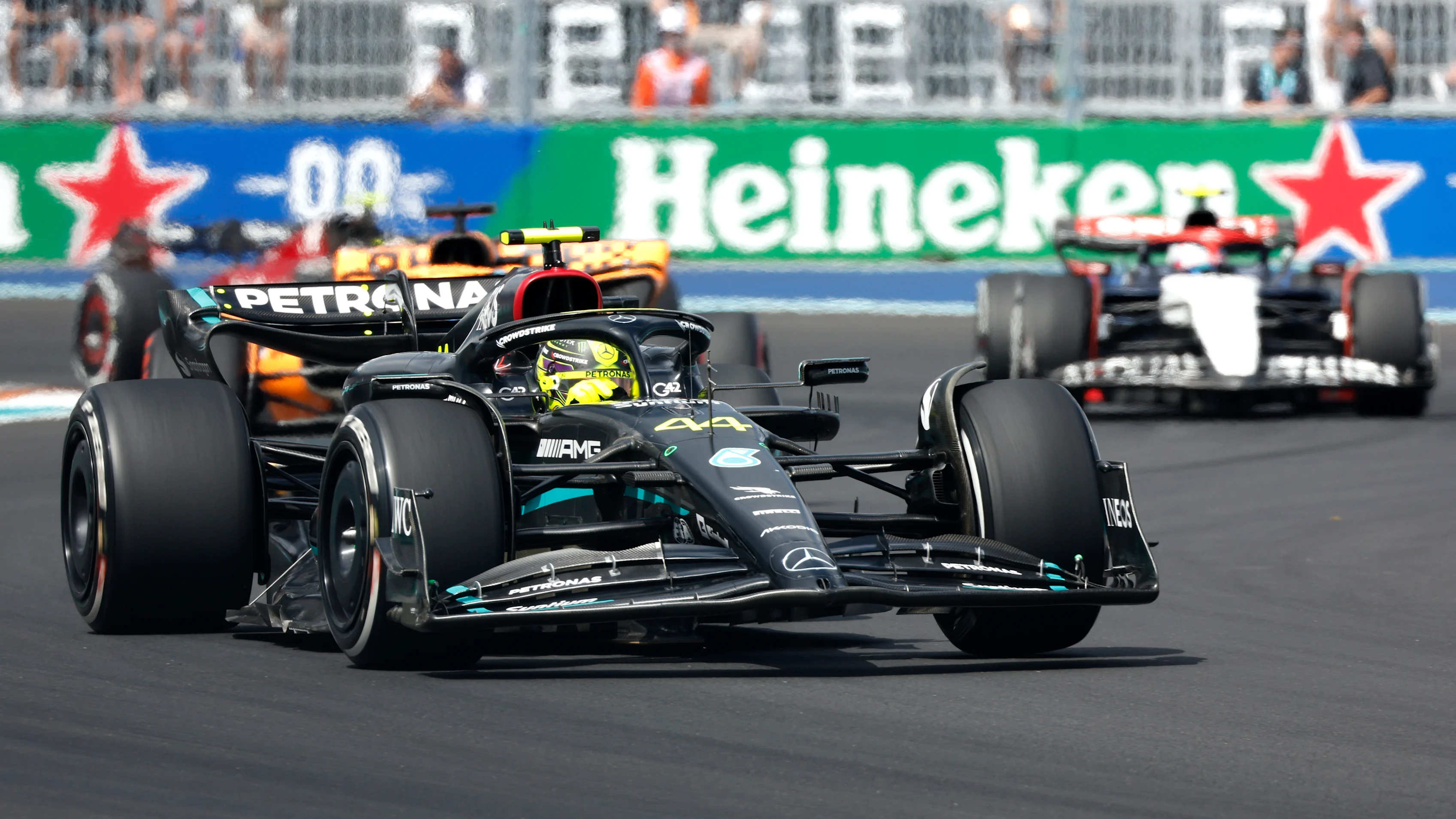 MIAMI, FLORIDA - MAY 07: Lewis Hamilton of Great Britain and Mercedes talks to the media in the