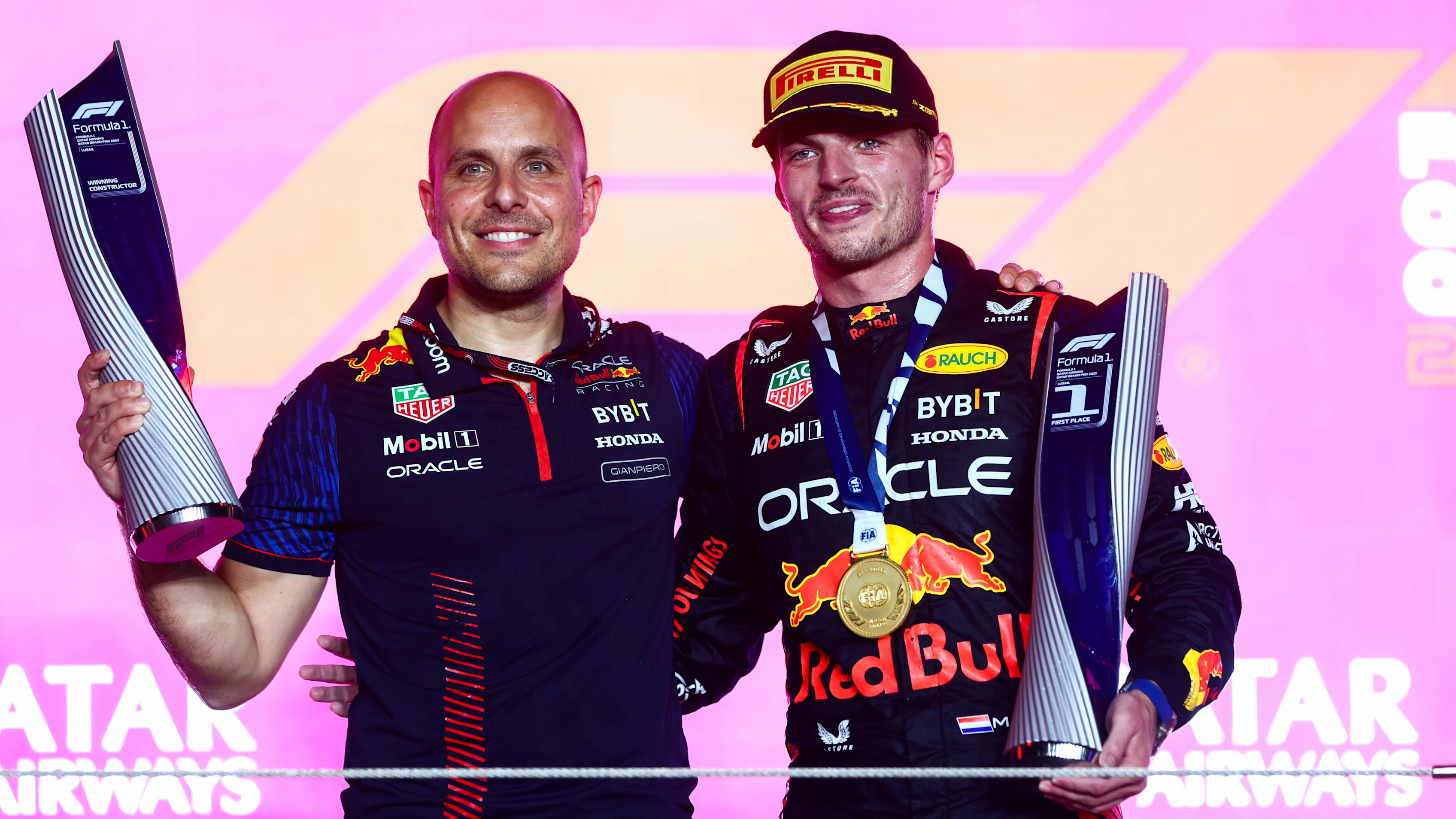 LUSAIL CITY, QATAR - OCTOBER 08: Race winner Max Verstappen of the Netherlands and Oracle Red Bull