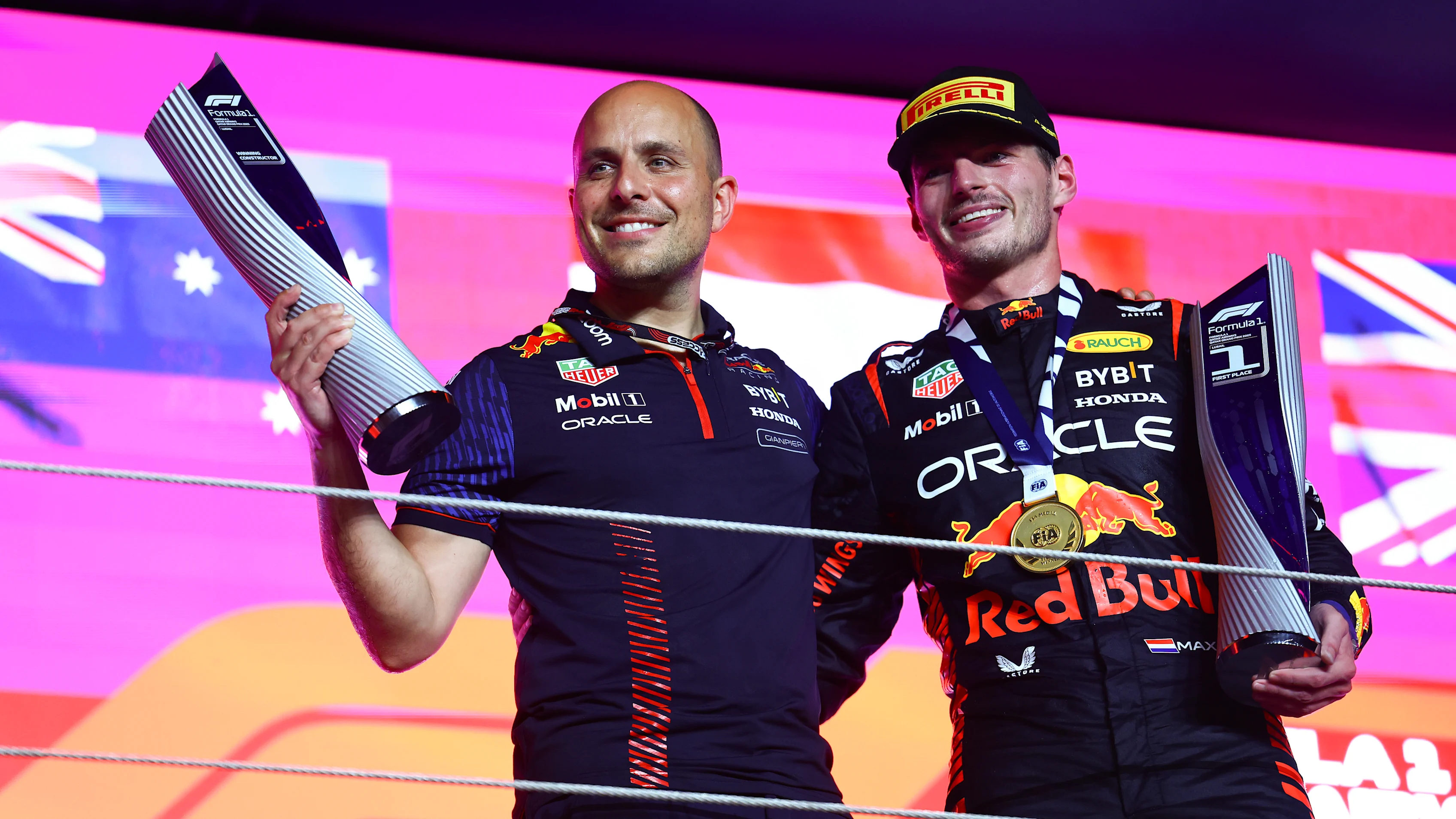LUSAIL CITY, QATAR - OCTOBER 08: Race winner Max Verstappen of the Netherlands and Oracle Red Bull