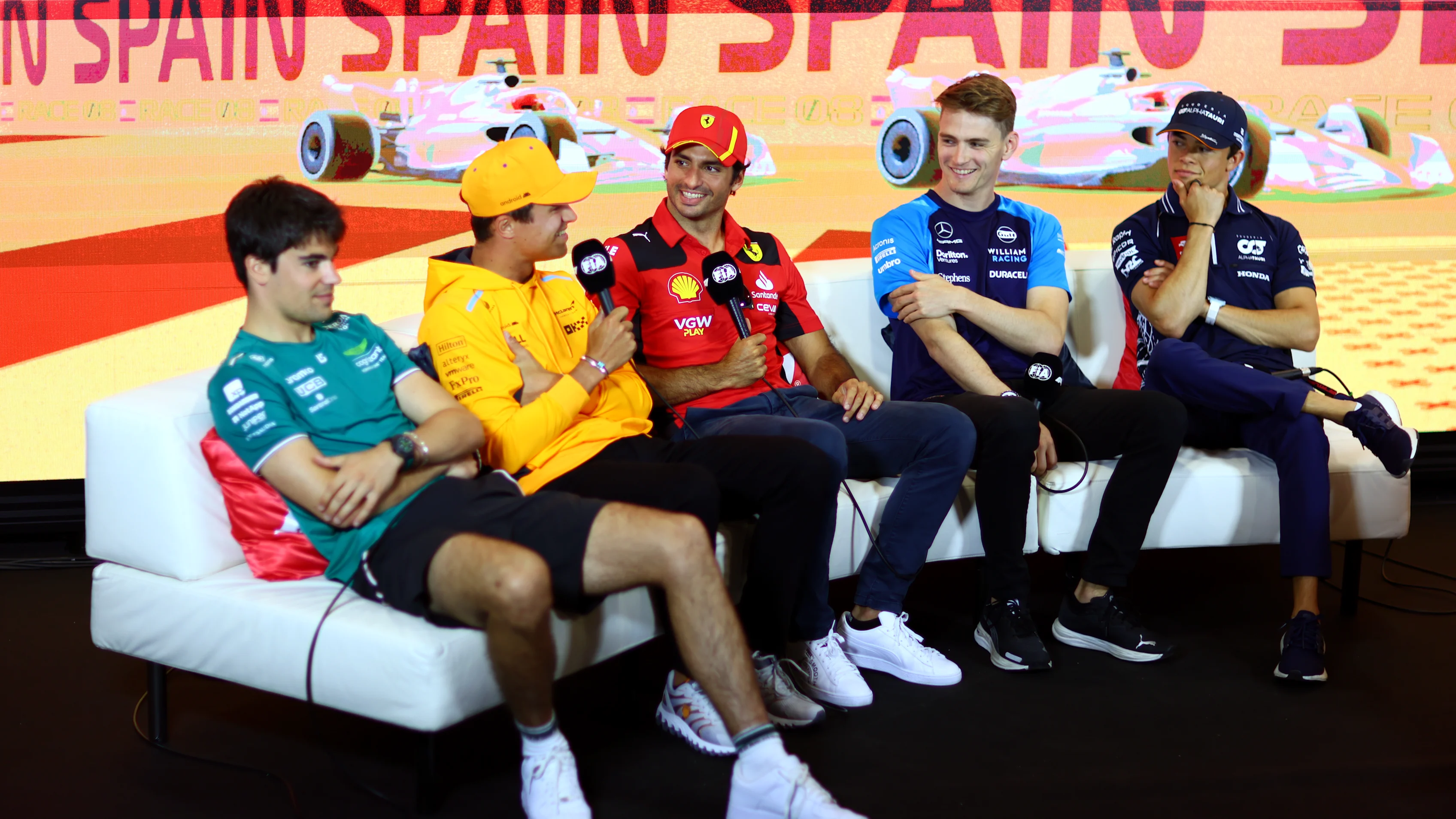 BARCELONA, SPAIN - JUNE 01: Lance Stroll of Canada and Aston Martin F1 Team, Lando Norris of Great