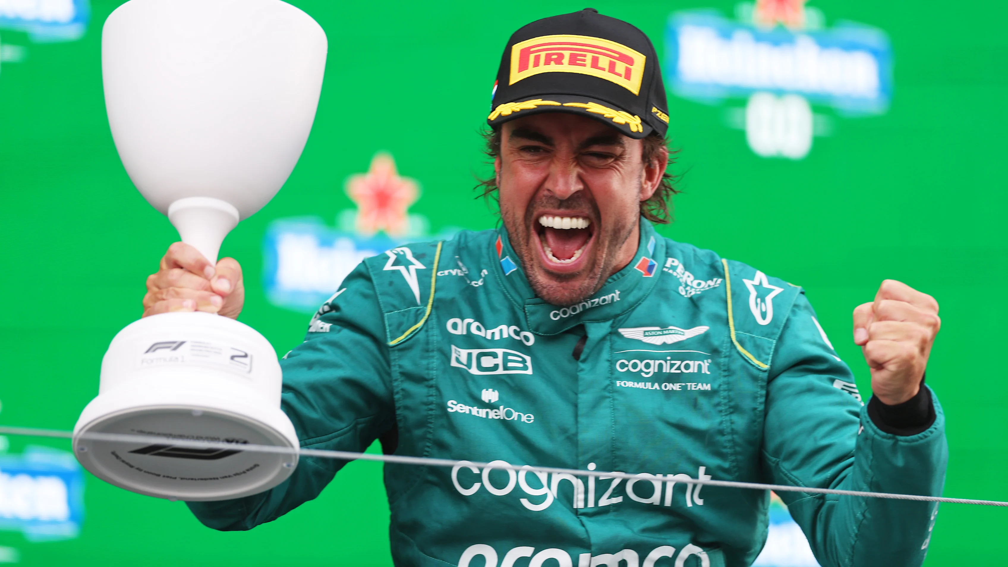 ZANDVOORT, NETHERLANDS - AUGUST 27: Second placed Fernando Alonso of Spain and Aston Martin F1 Team