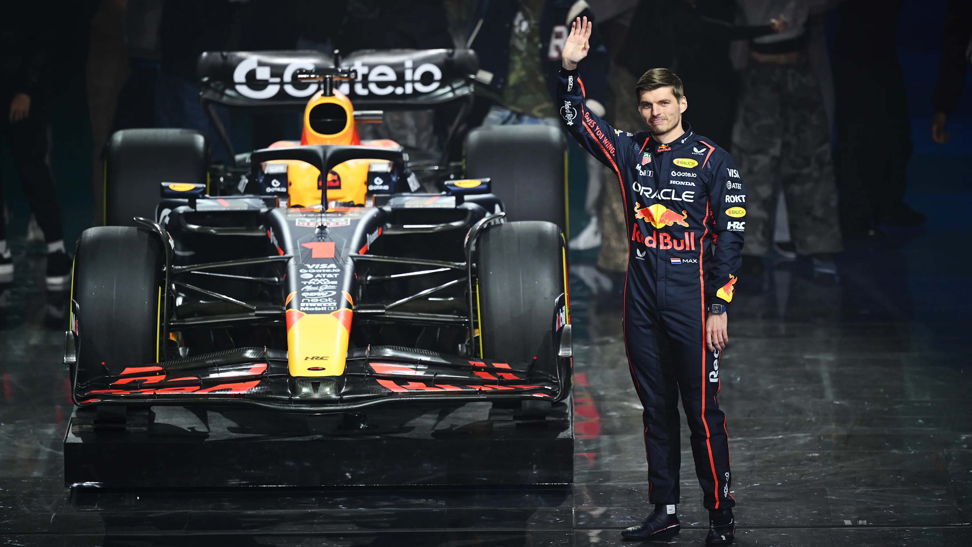 LONDON, ENGLAND - FEBRUARY 18: Max Verstappen of the Netherlands and Oracle Red Bull Racing waves