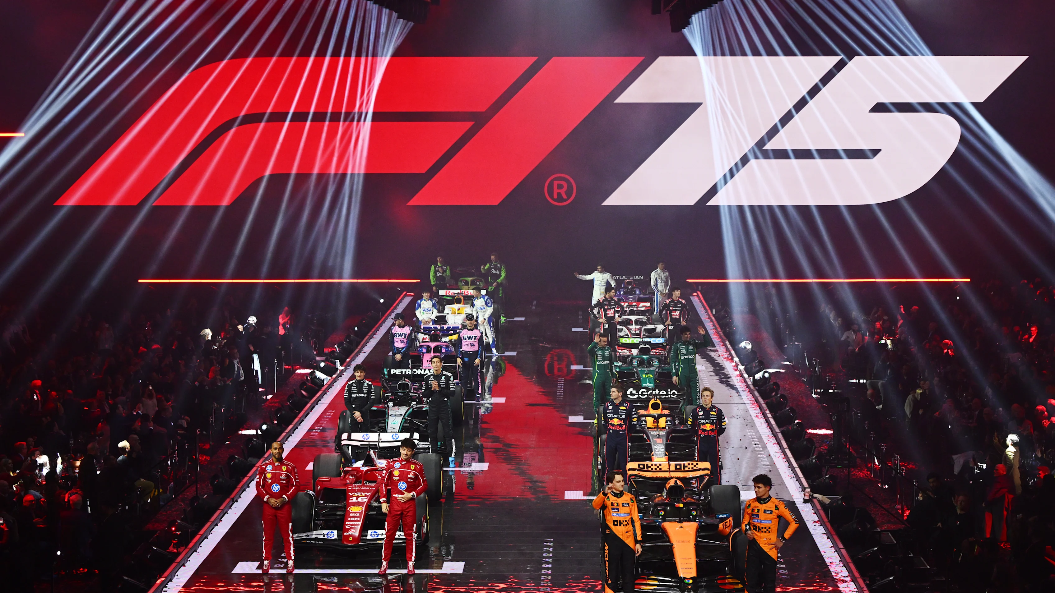 LONDON, ENGLAND - FEBRUARY 18: The 2025 drivers and their cars on stage during F1 75 Live at The O2
