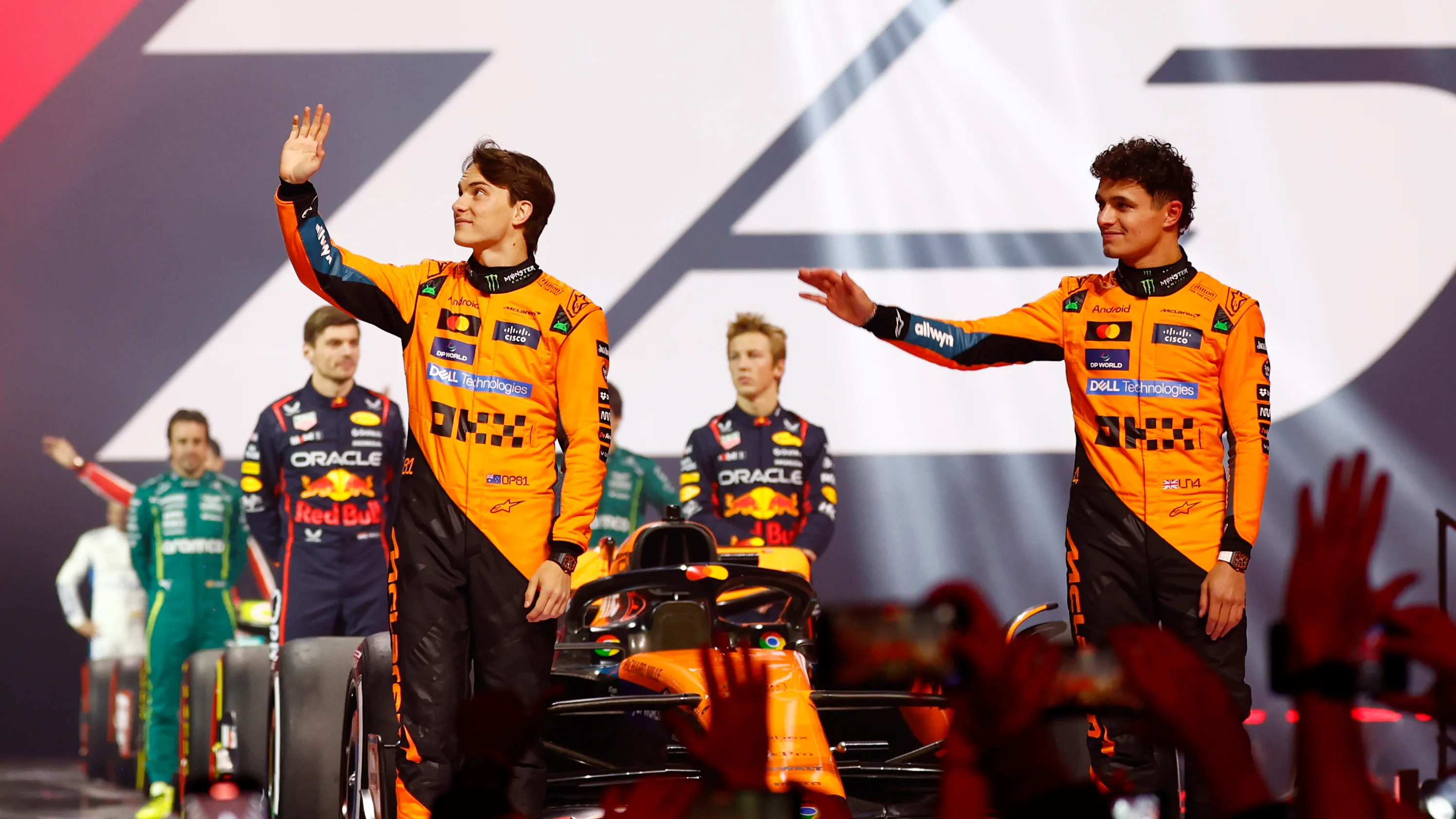 LONDON, ENGLAND - FEBRUARY 18: Oscar Piastri of Australia and McLaren and Lando Norris of Great