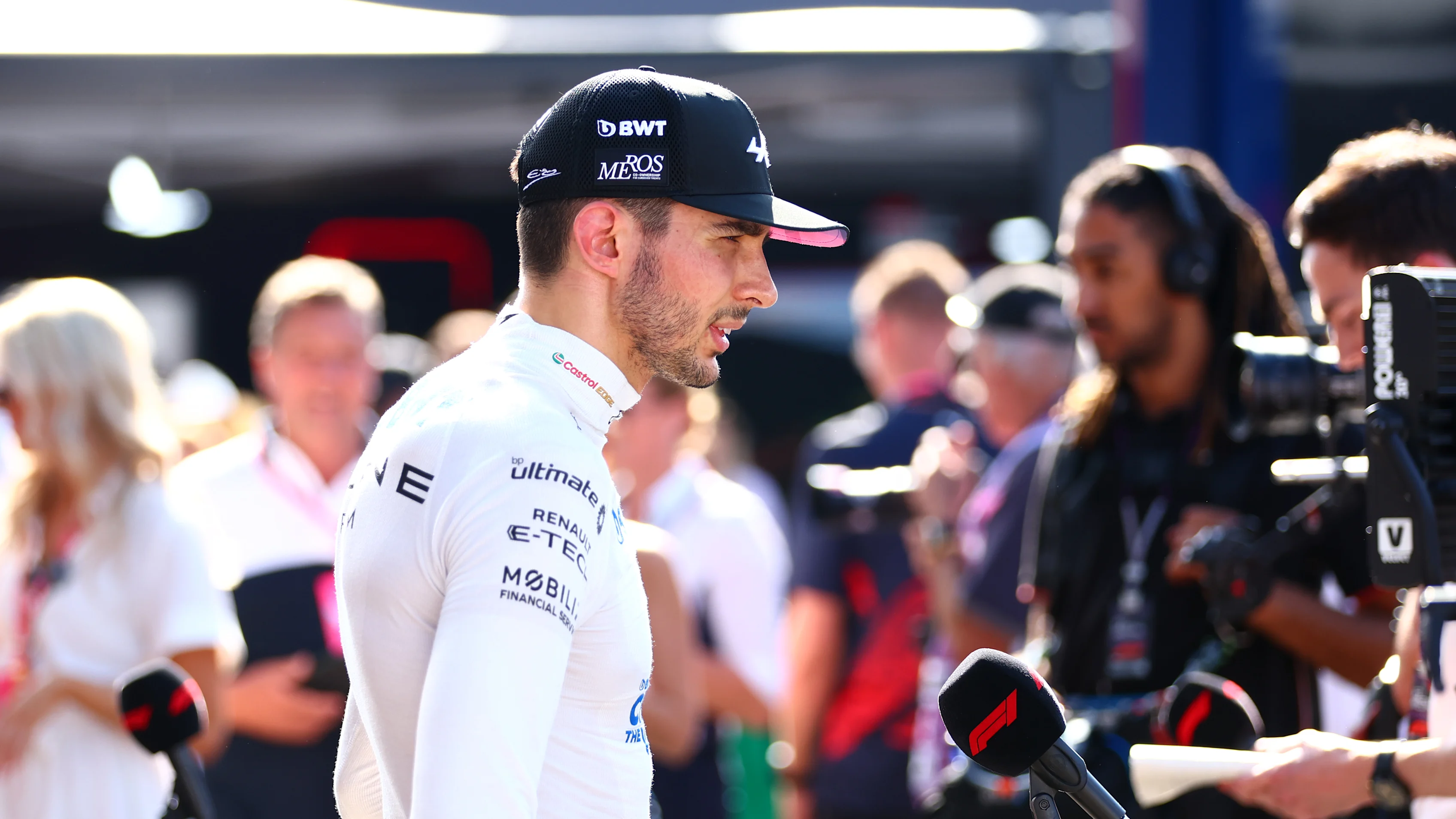 SPIELBERG, AUSTRIA - JUNE 28: 8th placed qualifier Esteban Ocon of France and Alpine F1 talks to the media in the Paddock after Sprint Qualifying ahead of the F1 Grand Prix of Austria at Red Bull Ring on June 28, 2024 in Spielberg, Austria. (Photo by Bryn Lennon - Formula 1/Formula 1 via Getty Images)
