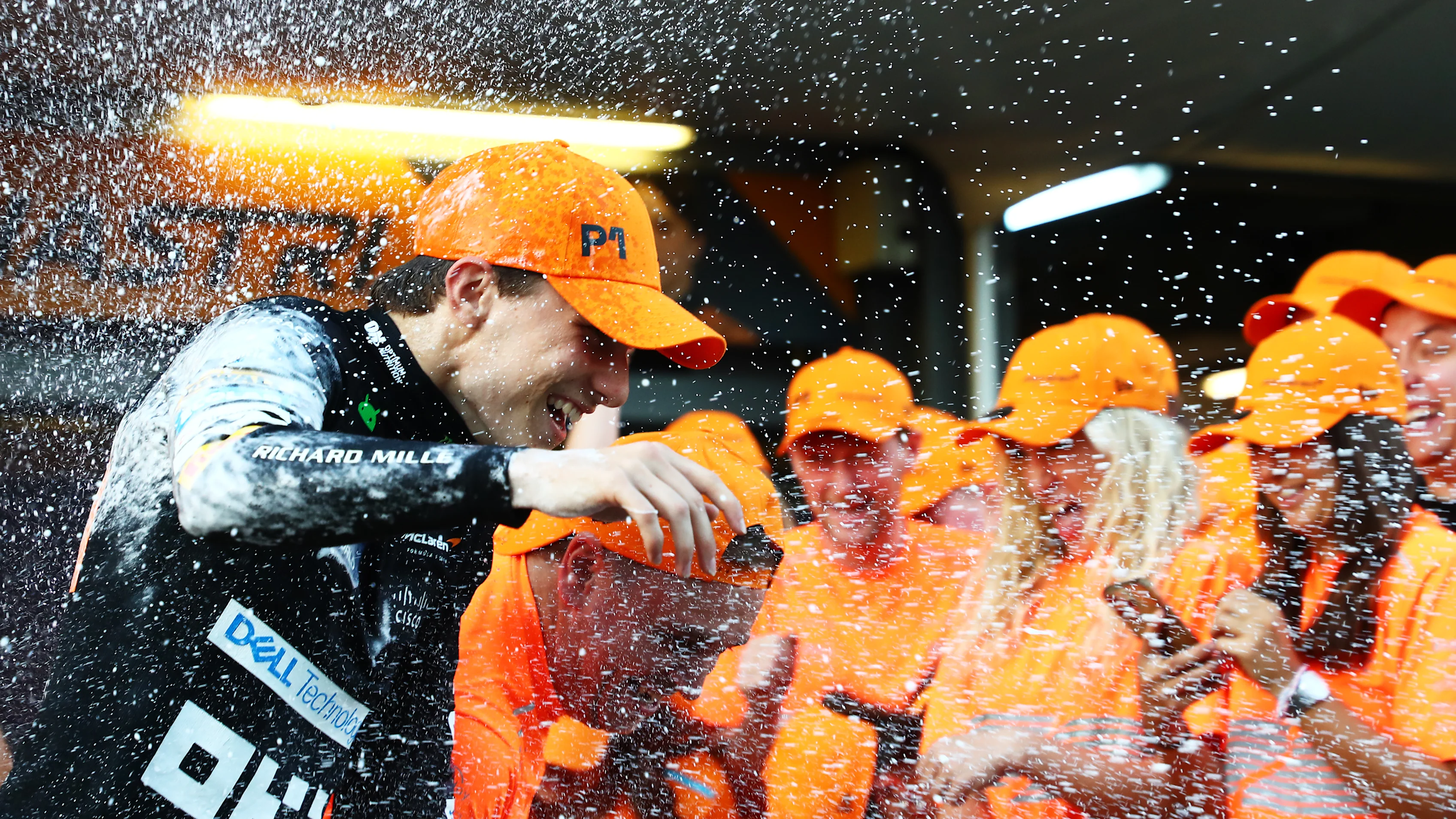 BAKU, AZERBAIJAN - SEPTEMBER 15: Race winner Oscar Piastri of Australia and McLaren celebrates with
