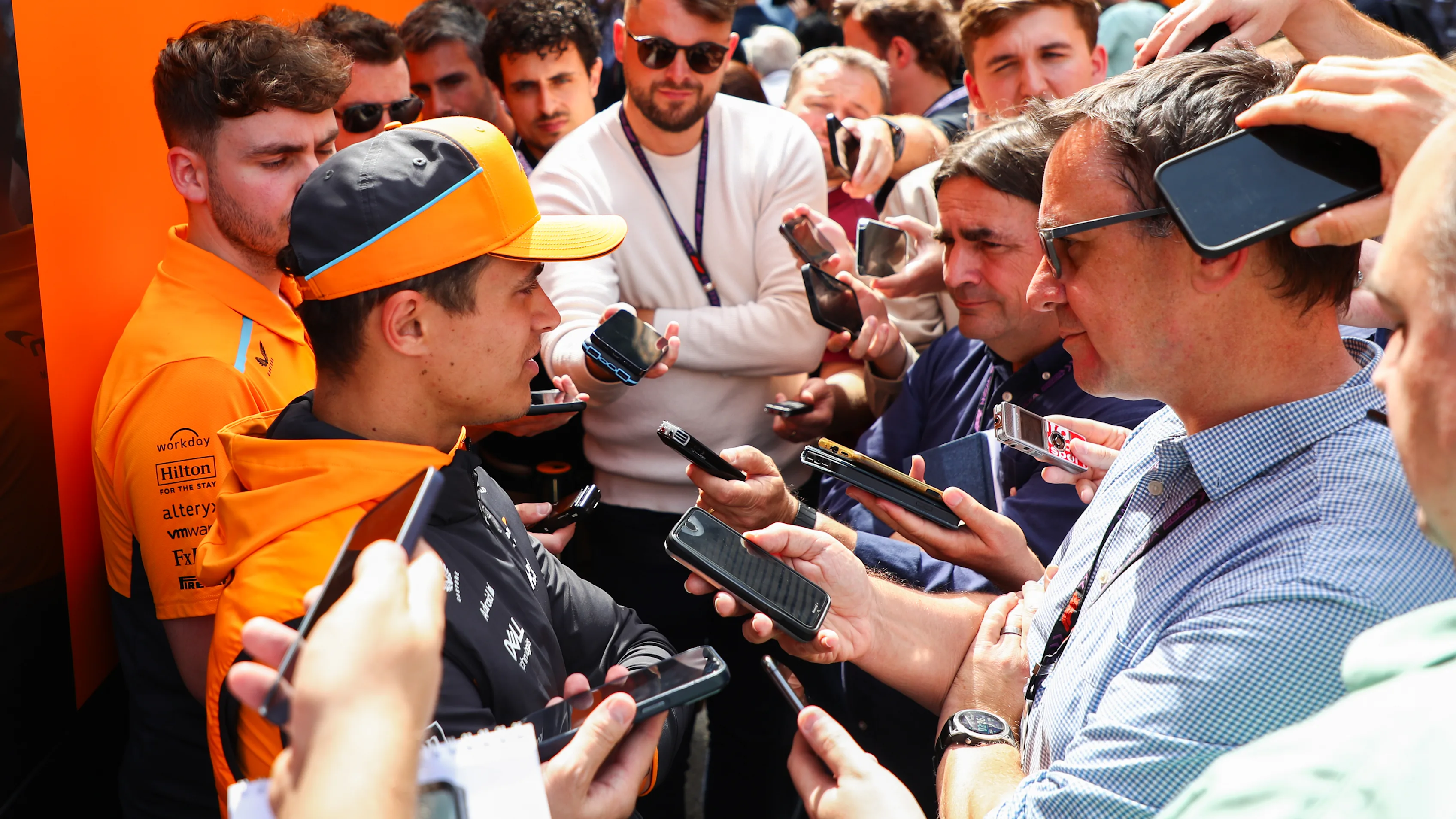 SPA, BELGIUM - JULY 25: Lando Norris of McLaren and Great Britain talks to the press during