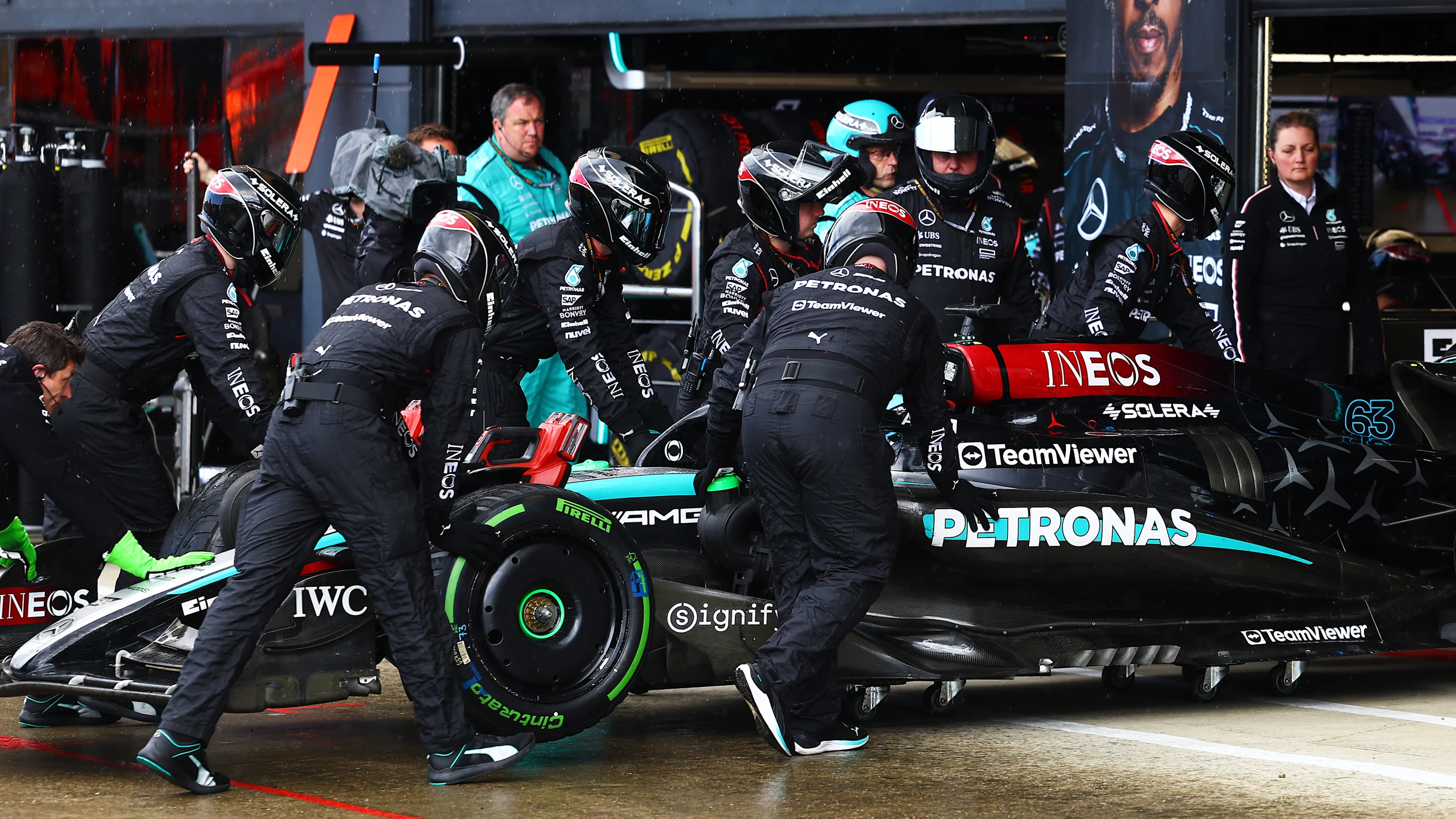 NORTHAMPTON, ENGLAND - JULY 07: George Russell of Great Britain and Mercedes retires from the race