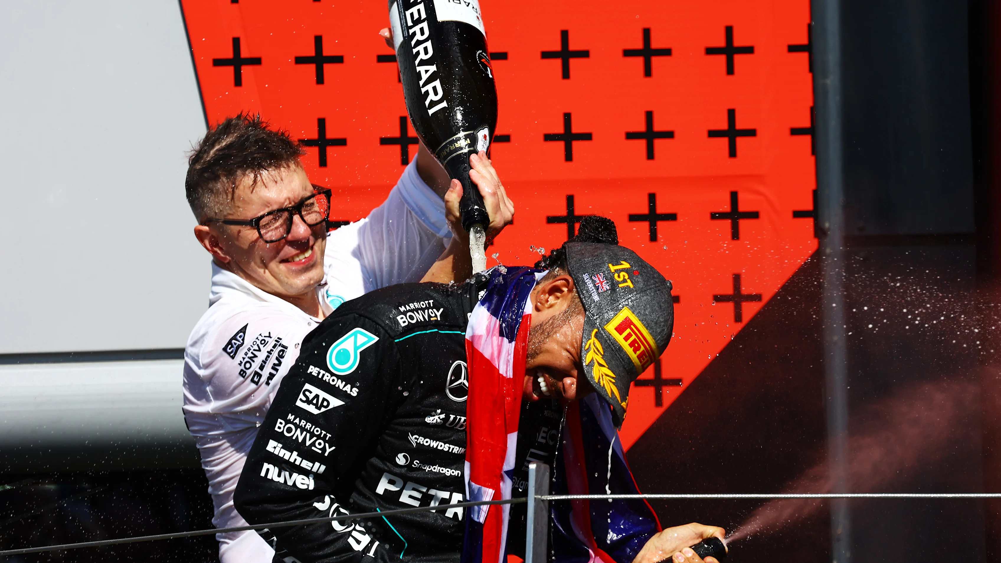 NORTHAMPTON, ENGLAND - JULY 07: Race winner Lewis Hamilton of Great Britain and Mercedes celebrates