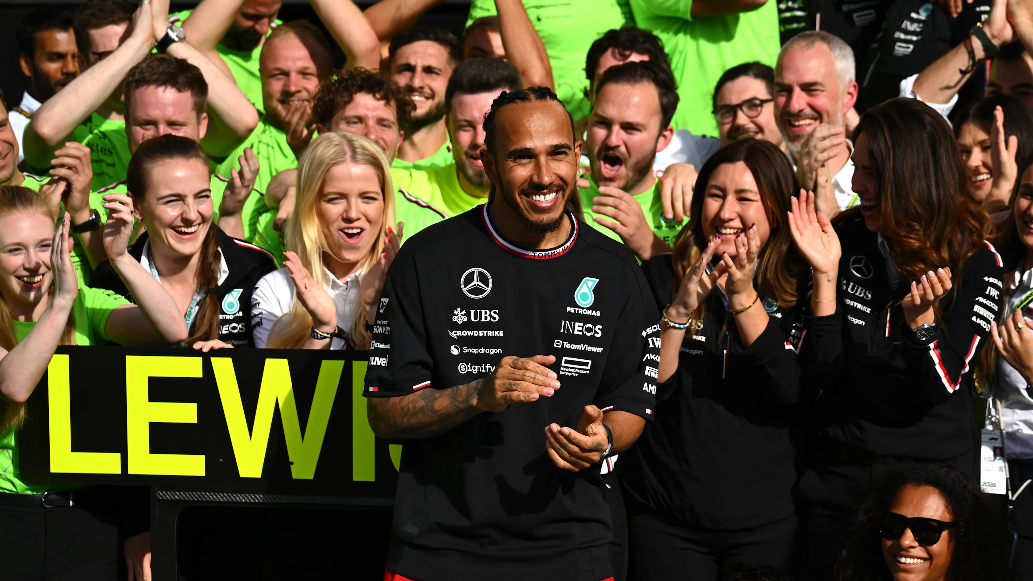 NORTHAMPTON, ENGLAND - JULY 07: Race winner Lewis Hamilton of Great Britain and Mercedes celebrates