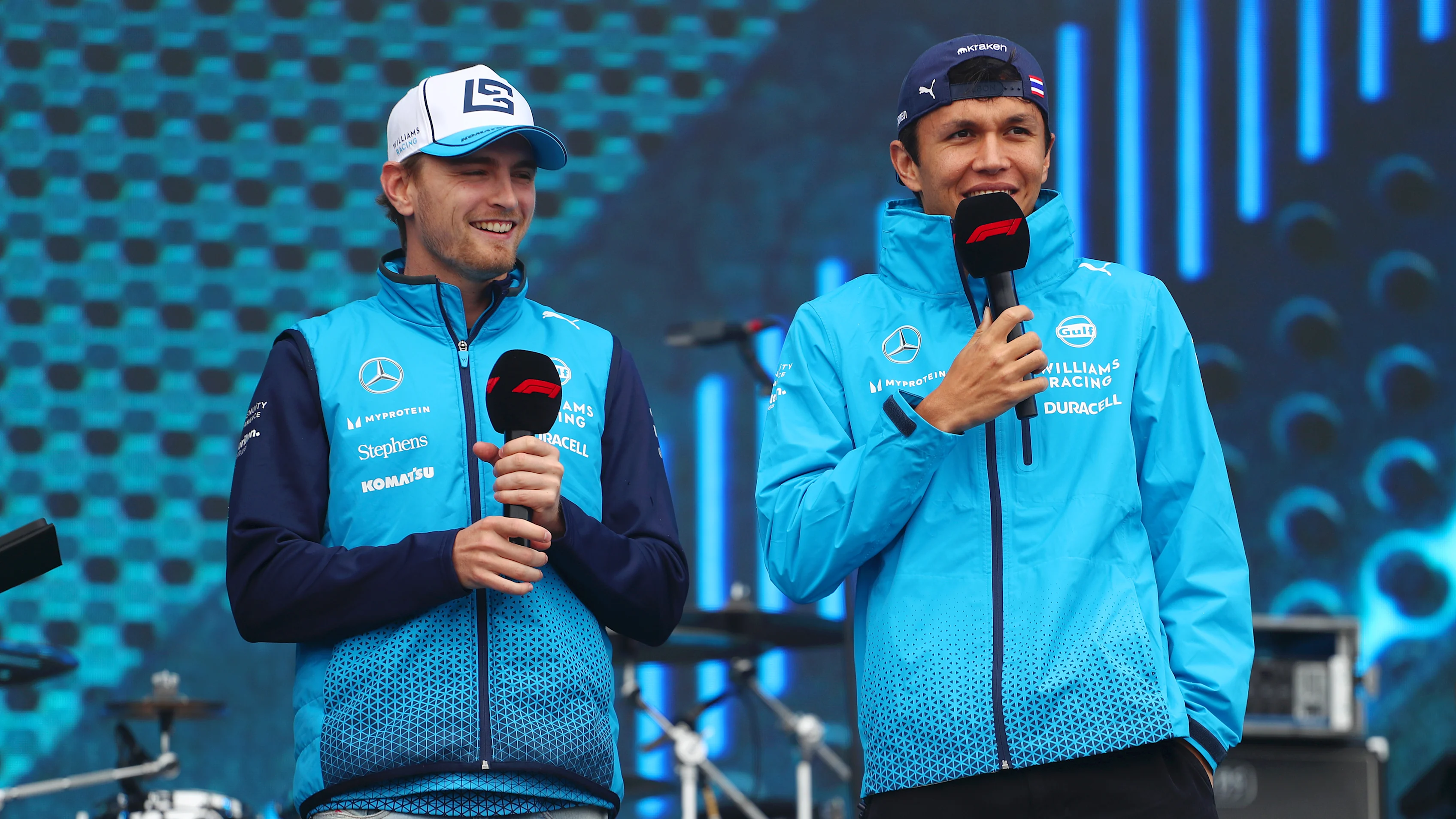 NORTHAMPTON, ENGLAND - JULY 05: Alexander Albon of Thailand and Williams and Logan Sargeant of
