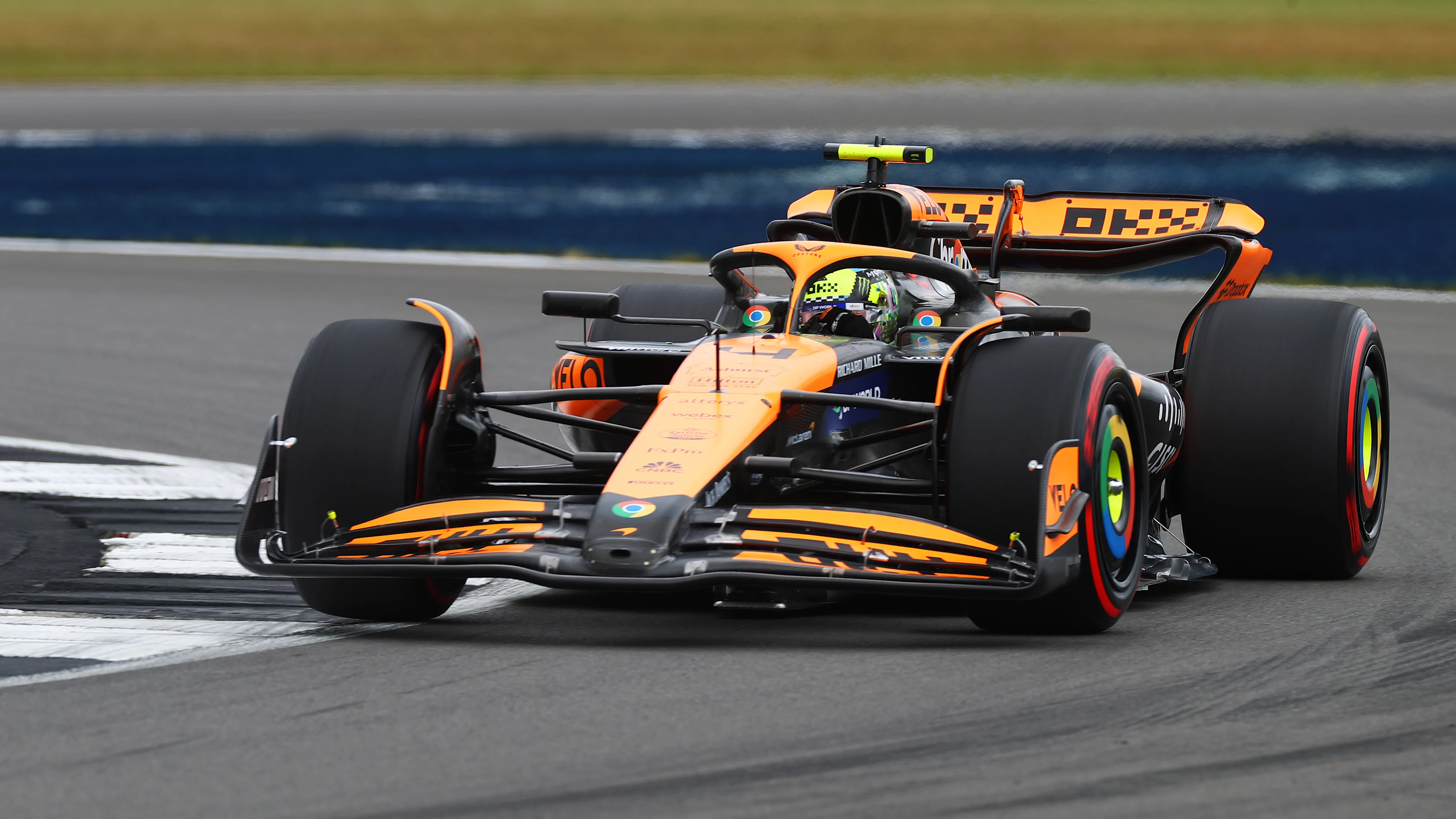 NORTHAMPTON, ENGLAND - JULY 05: Lando Norris of Great Britain driving the (4) McLaren MCL38 Mercedes on track during practice ahead of the F1 Grand Prix of Great Britain at Silverstone Circuit on July 05, 2024 in Northampton, England. (Photo by Peter Fox - Formula 1/Formula 1 via Getty Images)