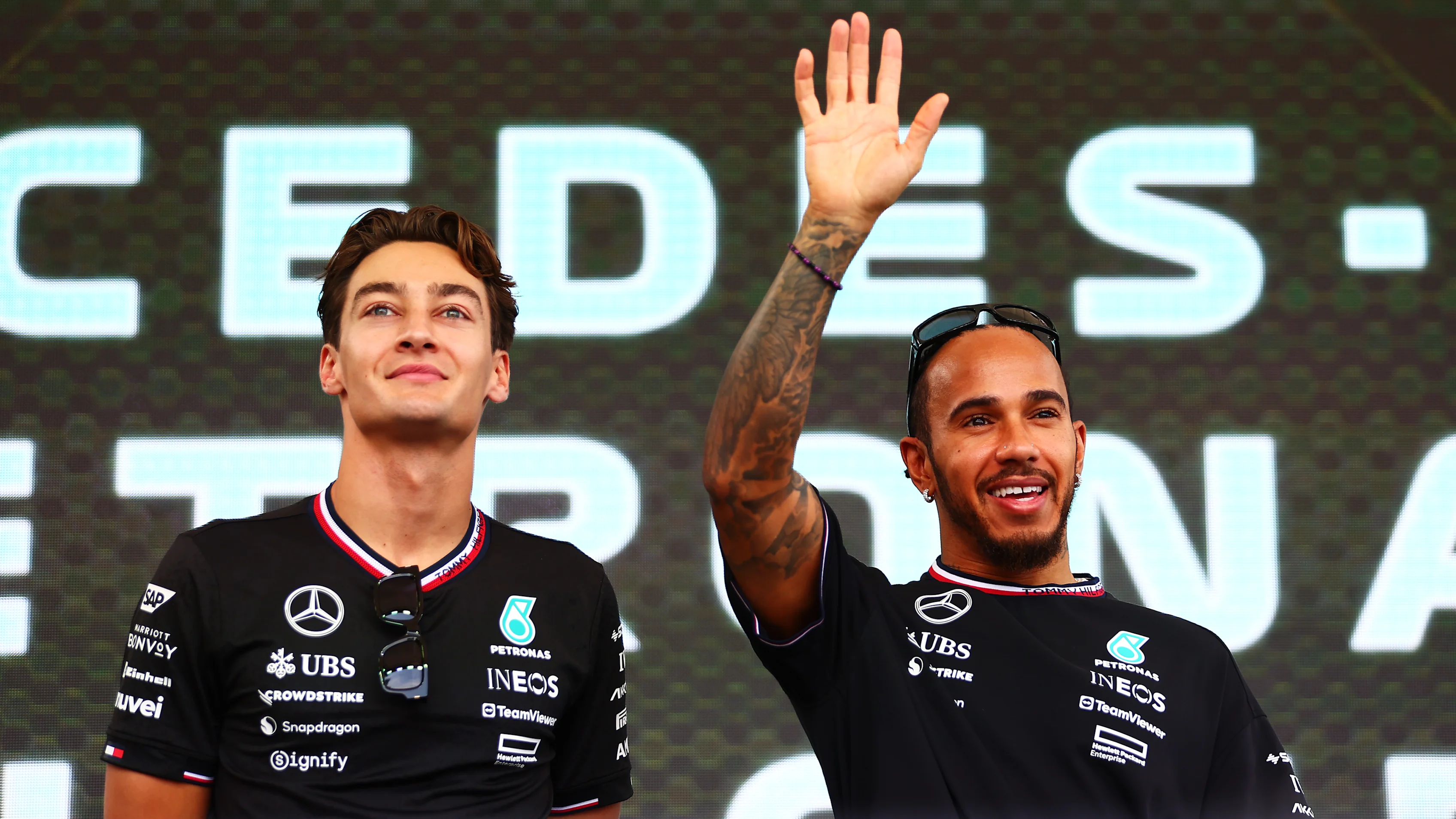BUDAPEST, HUNGARY - JULY 20: George Russell of Great Britain and Mercedes ands Lewis Hamilton of