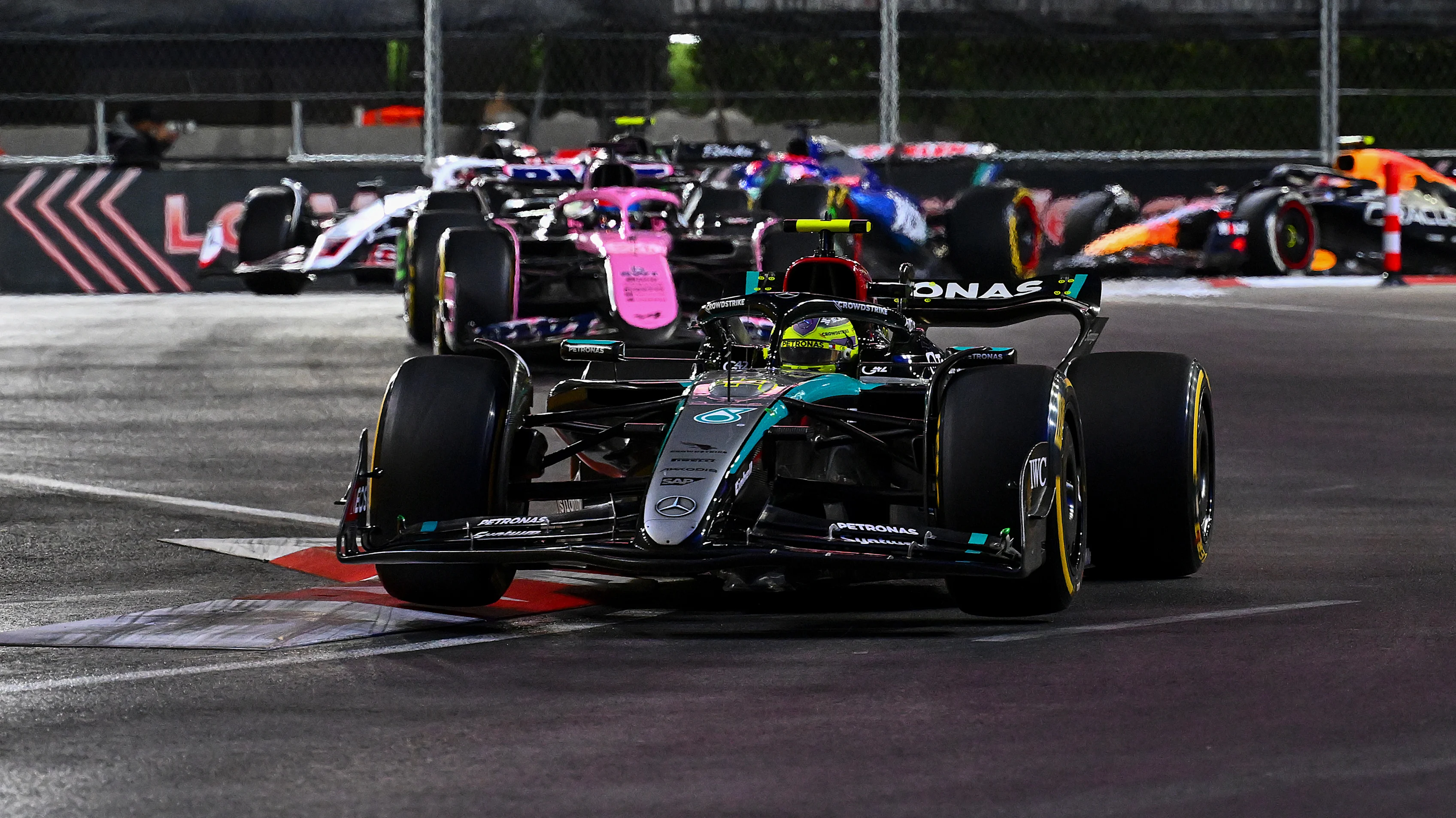 LAS VEGAS, NEVADA - NOVEMBER 23: Lewis Hamilton of Great Britain driving the (44) Mercedes AMG