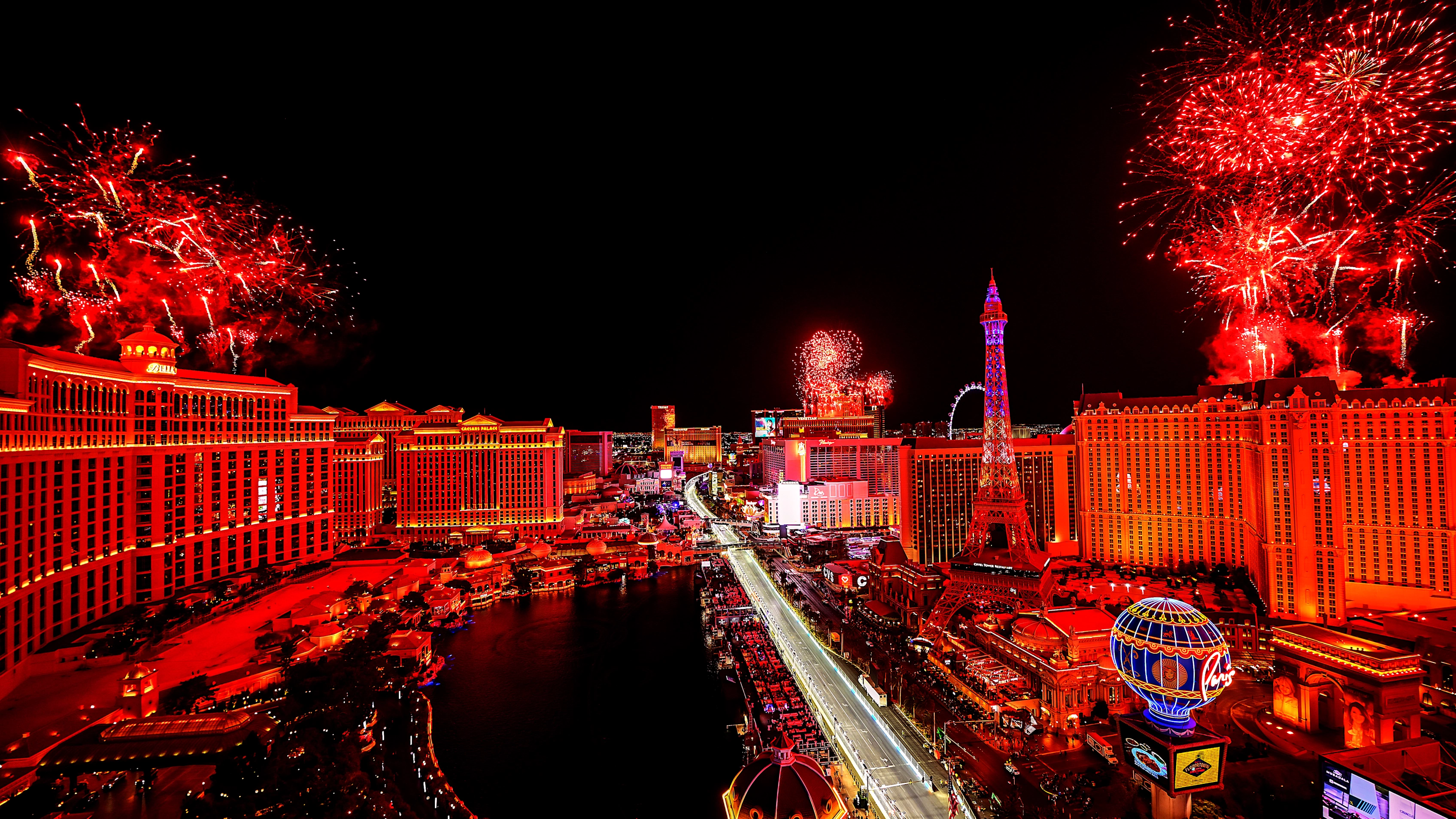 LAS VEGAS, NEVADA - NOVEMBER 23: A general view over the circuit as fireworks go off after the F1