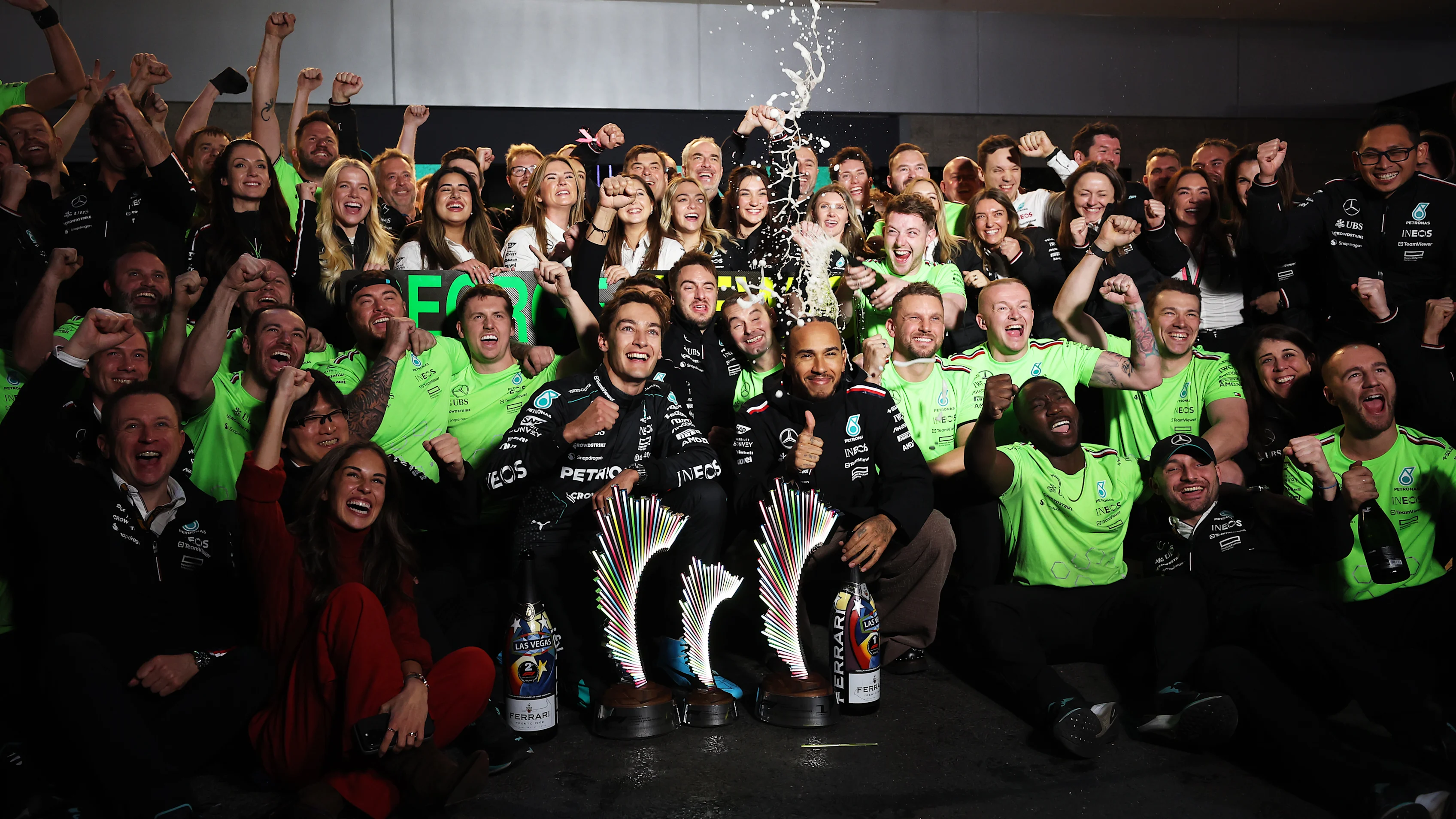 LAS VEGAS, NEVADA - NOVEMBER 23: Race winner George Russell of Great Britain and Mercedes and