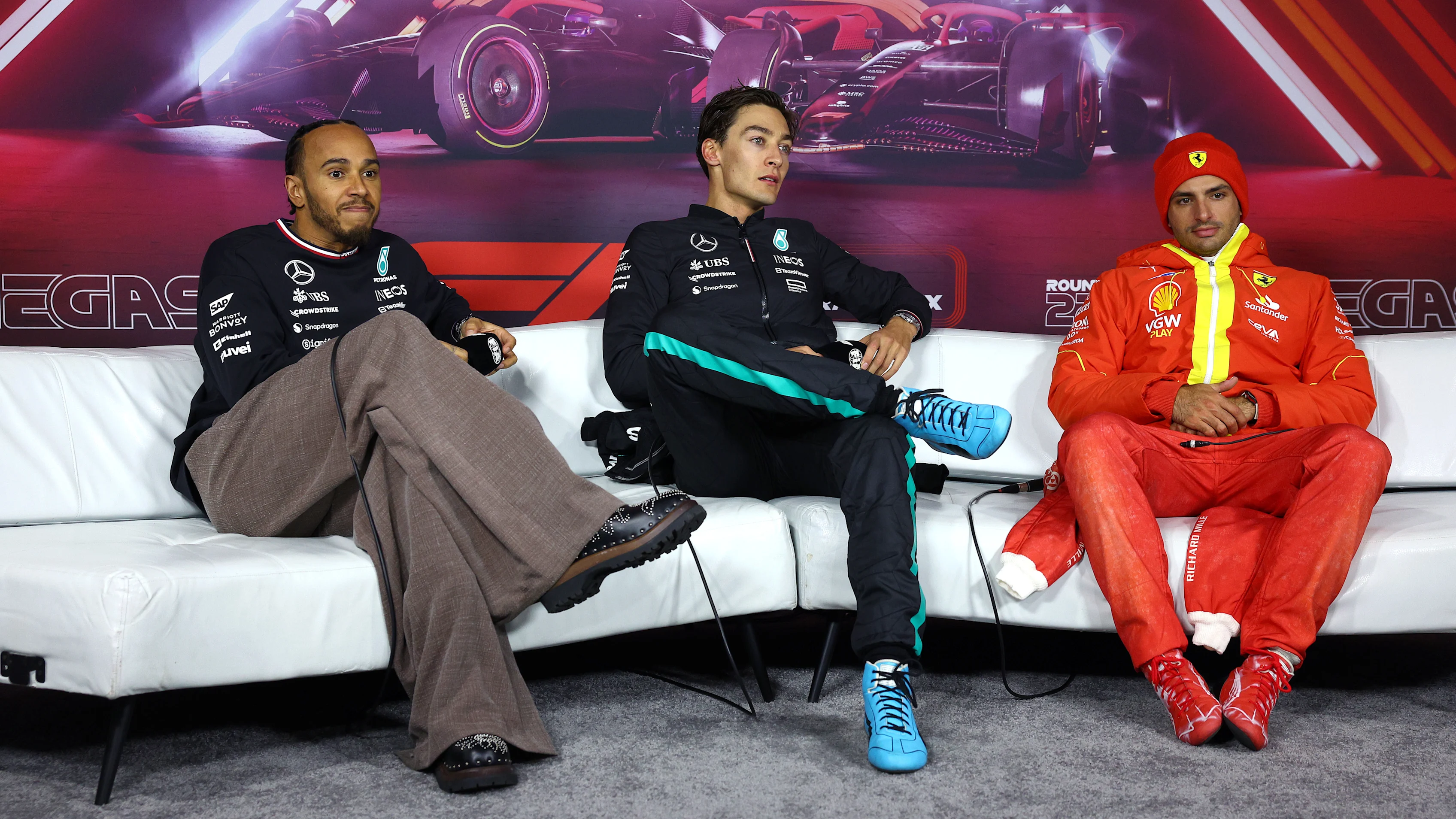 LAS VEGAS, NEVADA - NOVEMBER 23: Race winner George Russell of Great Britain and Mercedes, Second