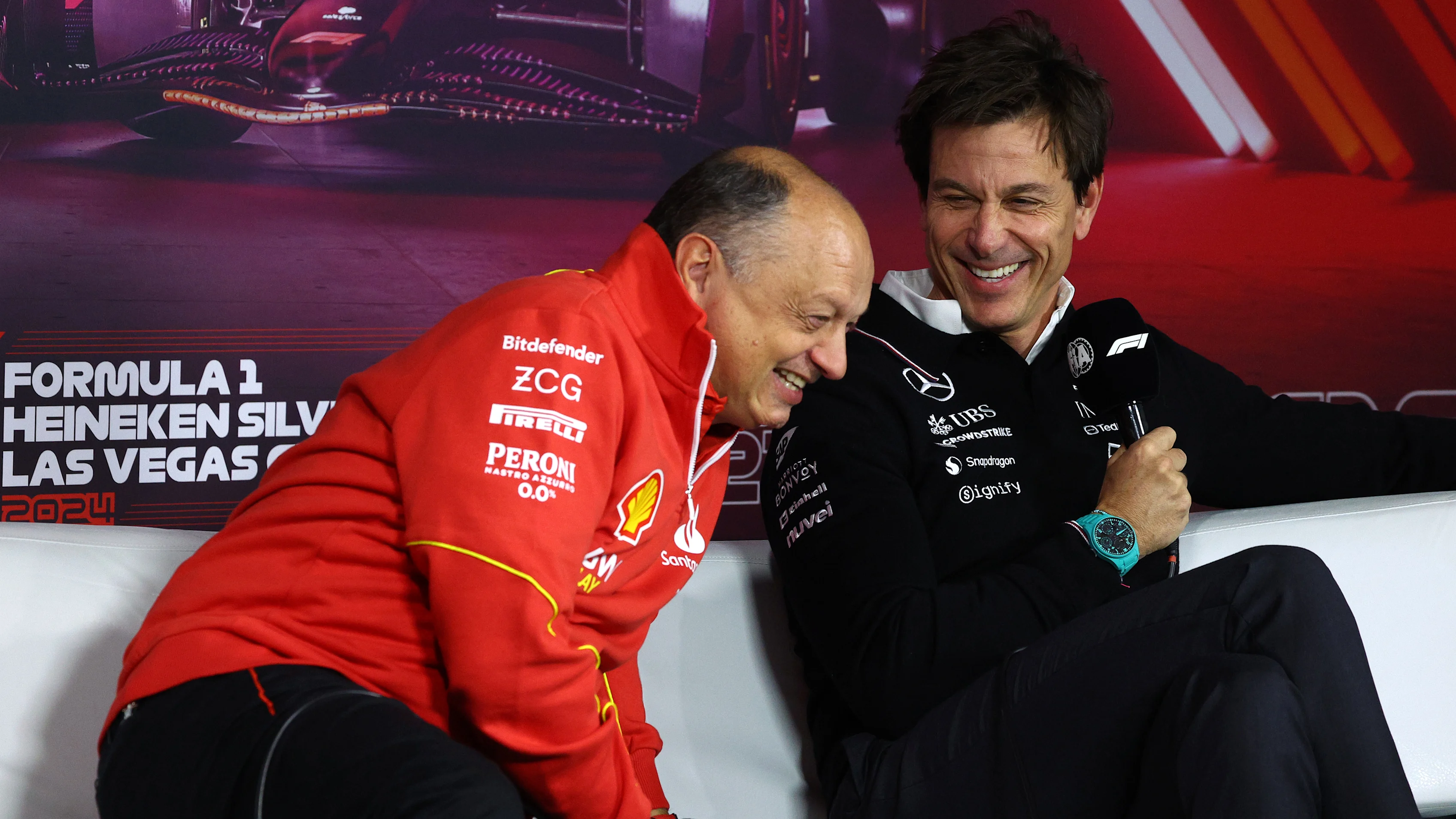 LAS VEGAS, NEVADA - NOVEMBER 21: Ferrari Team Principal Frederic Vasseur and Mercedes GP Executive