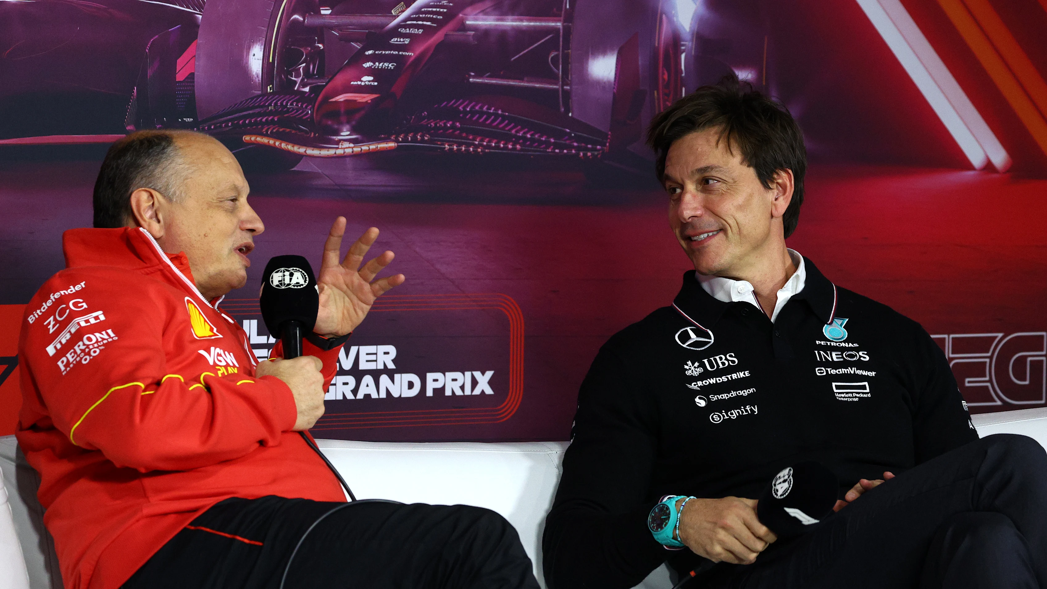 LAS VEGAS, NEVADA - NOVEMBER 21: Ferrari Team Principal Frederic Vasseur and Mercedes GP Executive