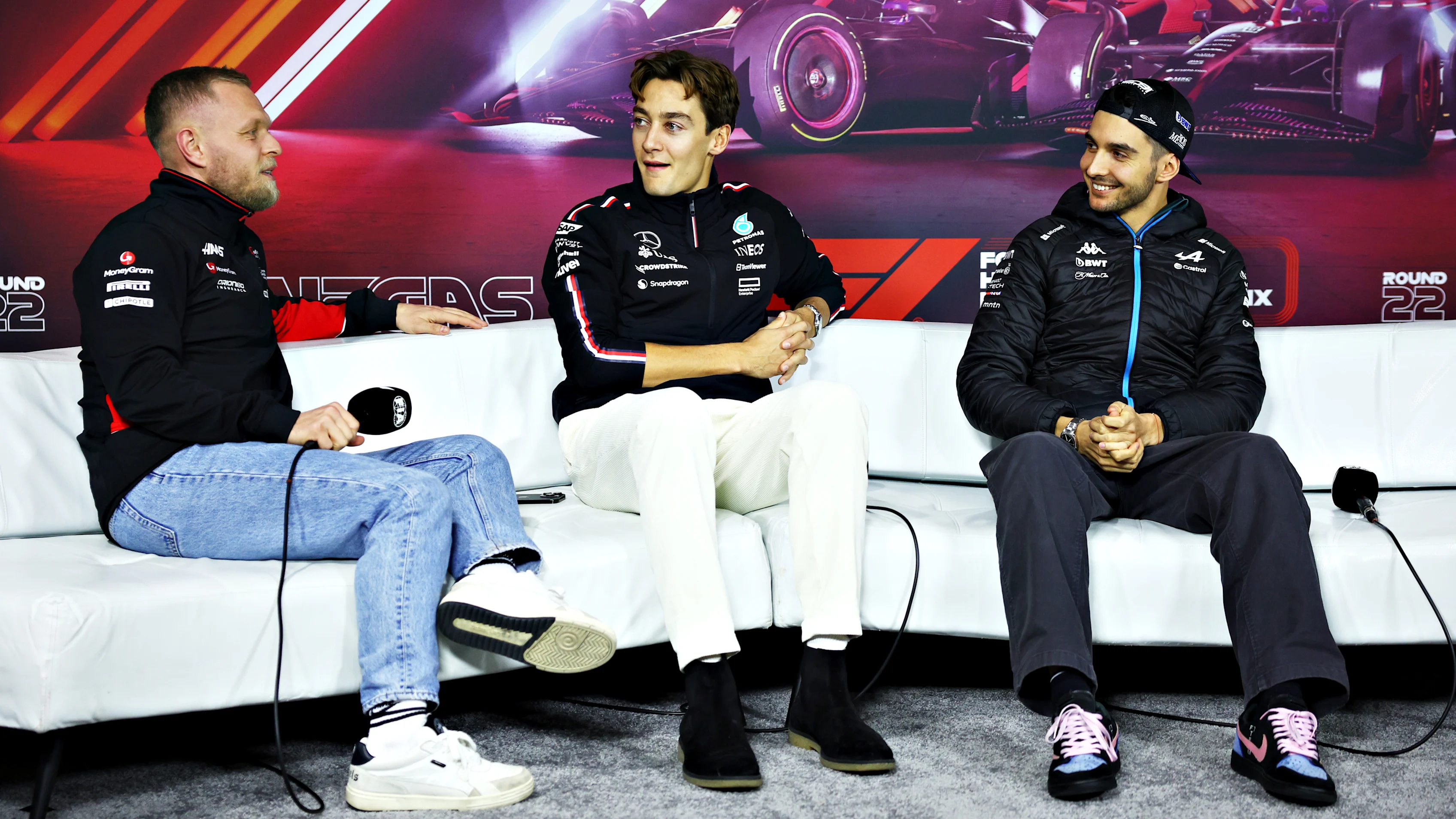 LAS VEGAS, NEVADA - NOVEMBER 20: Kevin Magnussen of Denmark and Haas F1, George Russell of Great