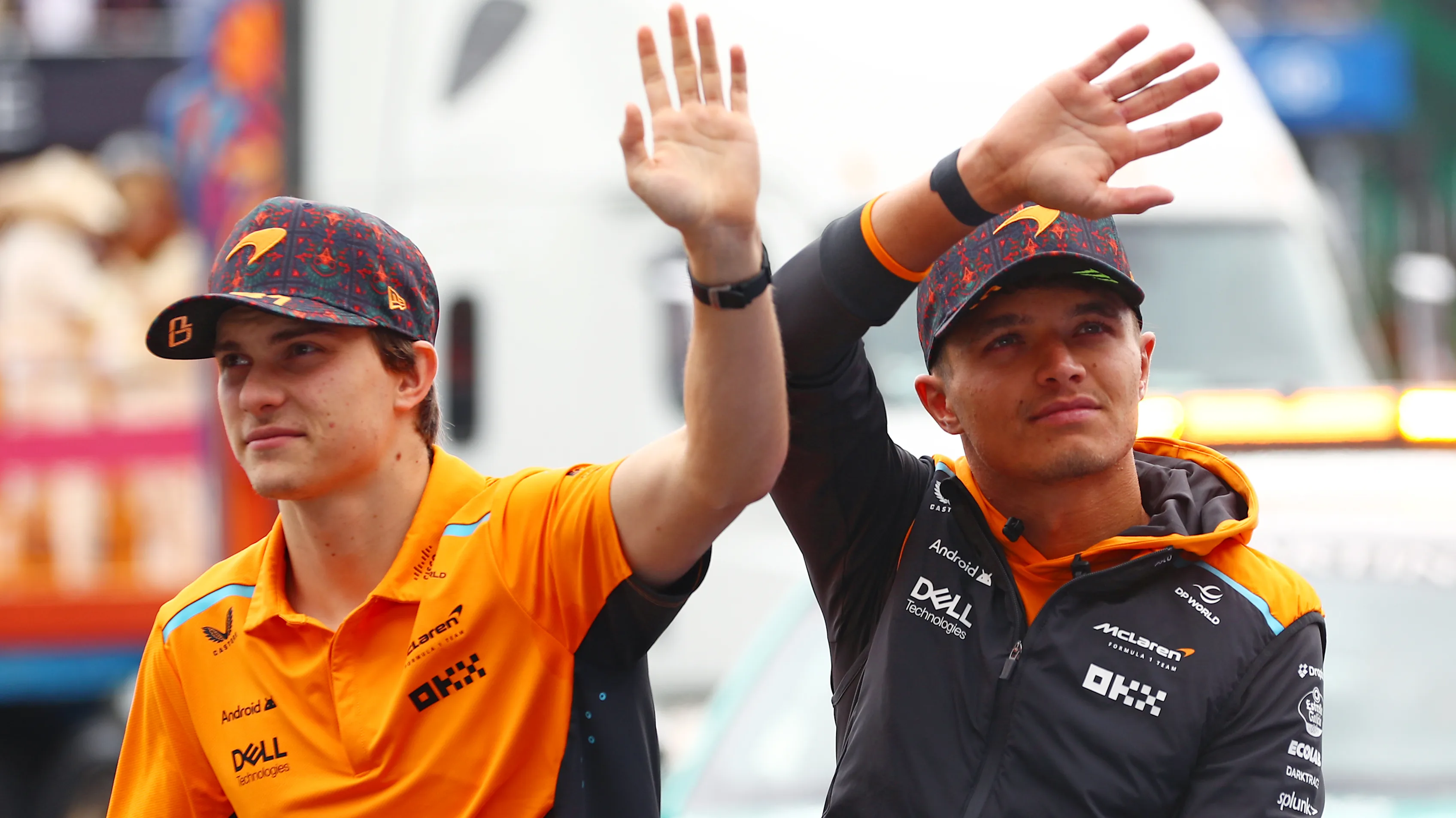 MEXICO CITY, MEXICO - OCTOBER 27: Lando Norris of Great Britain and McLaren and Oscar Piastri of