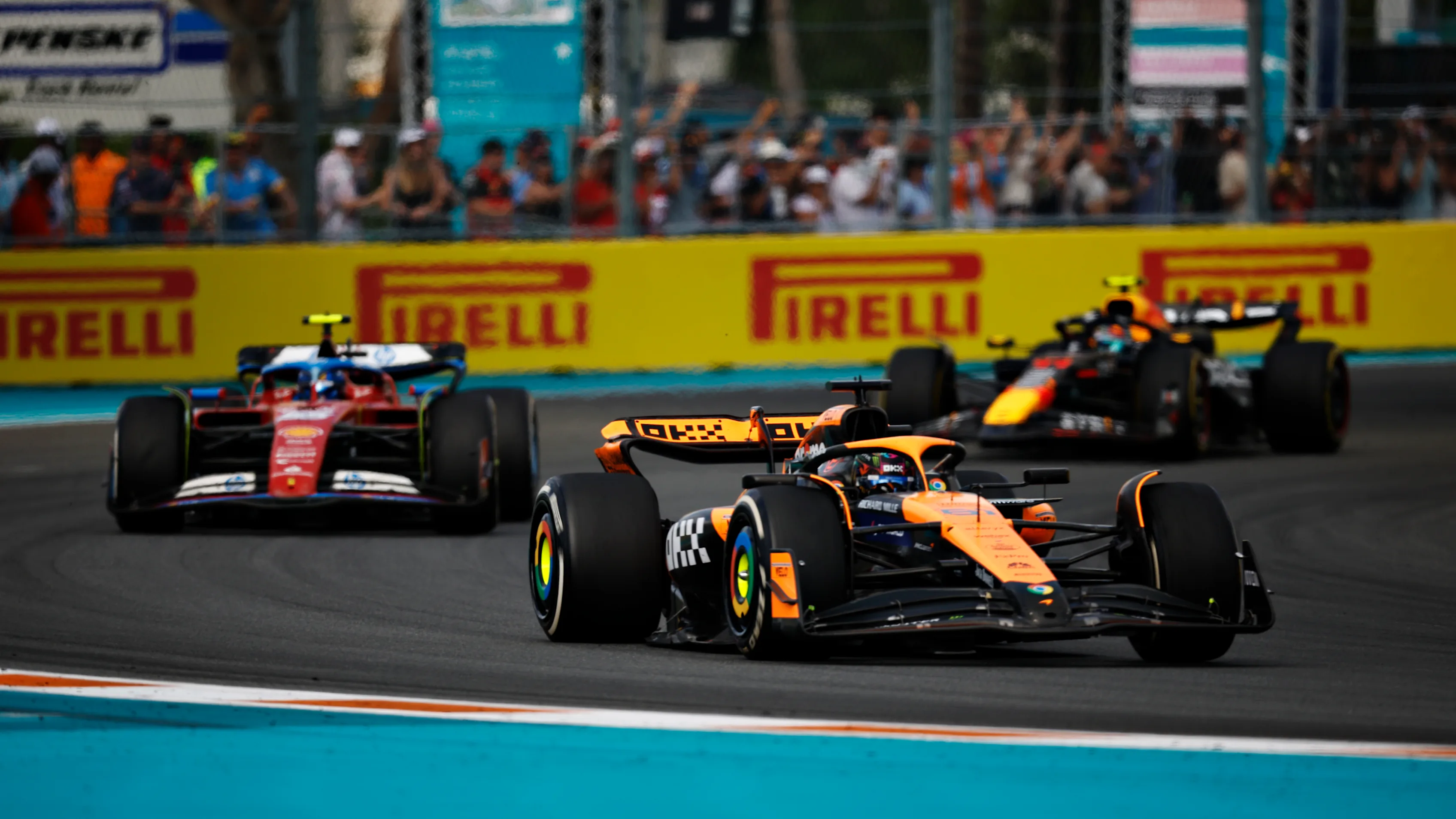 MIAMI, FLORIDA - MAY 05: Oscar Piastri of Australia driving the (81) McLaren MCL38 Mercedes leads
