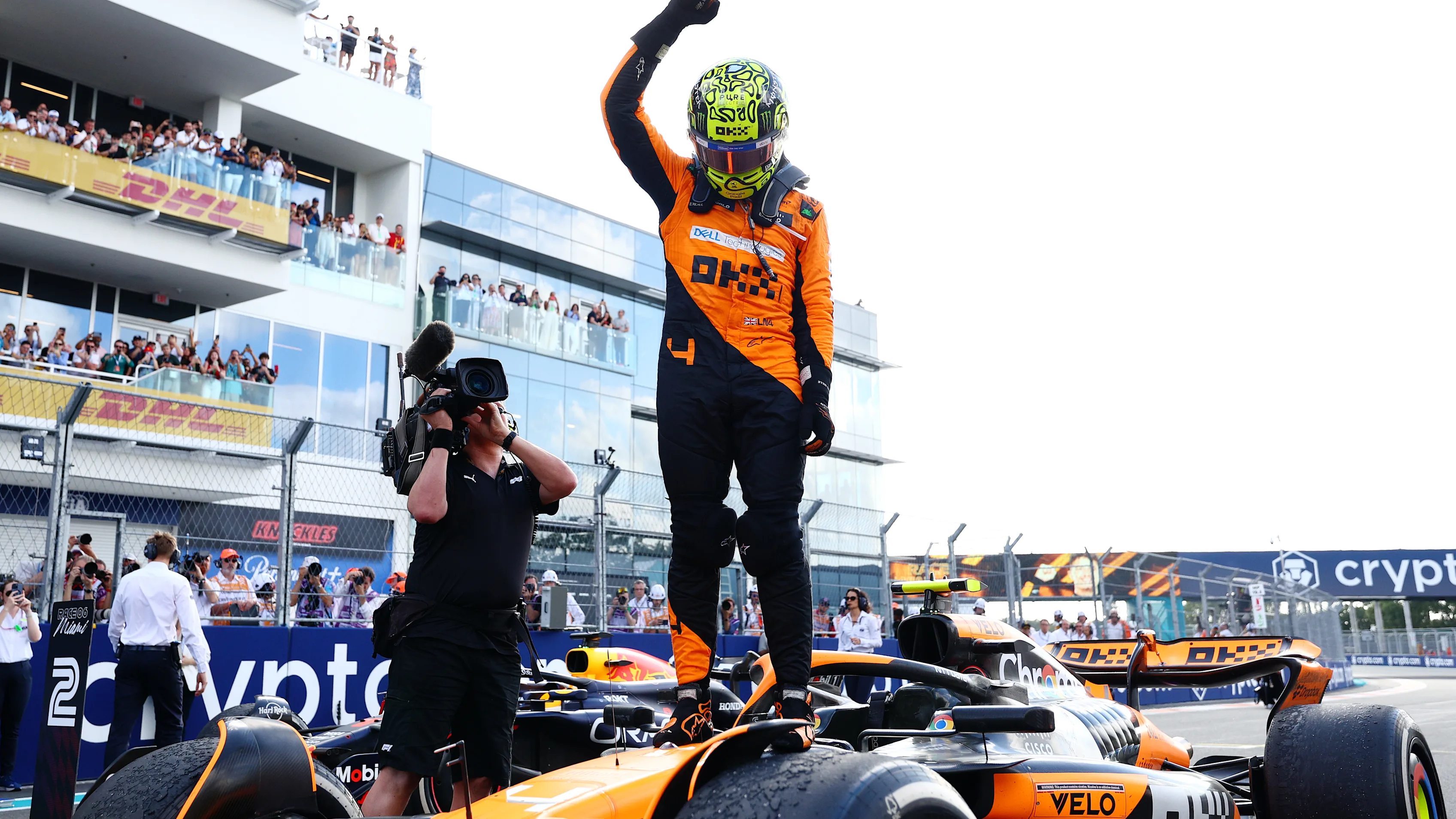 MIAMI, FLORIDA - MAY 05: Race winner Lando Norris of Great Britain and McLaren celebrates in parc
