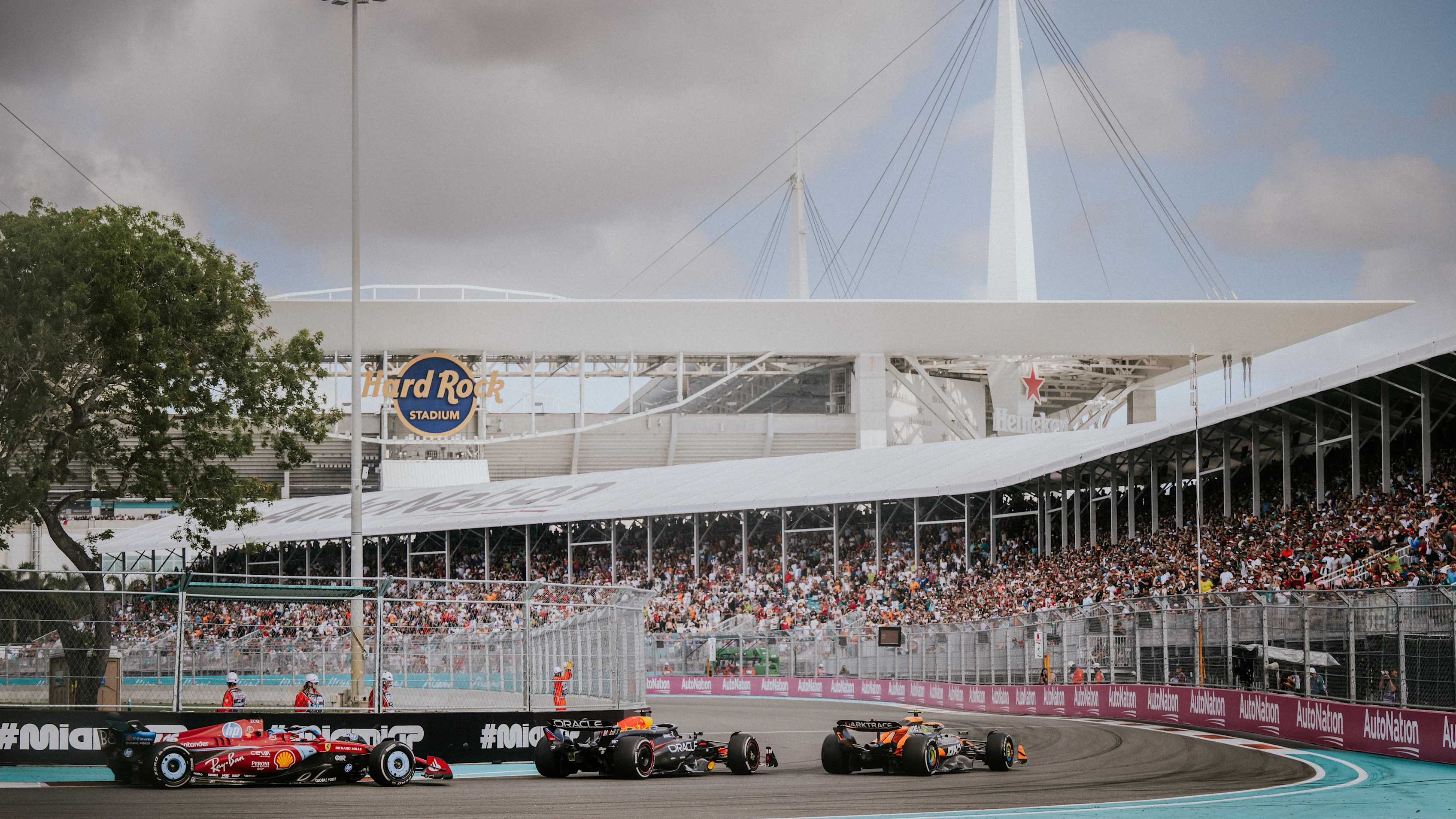 MIAMI, FLORIDA - MAY 05: Charles Leclerc of Monaco, Ferrari SF-24, and Max Verstappen of the