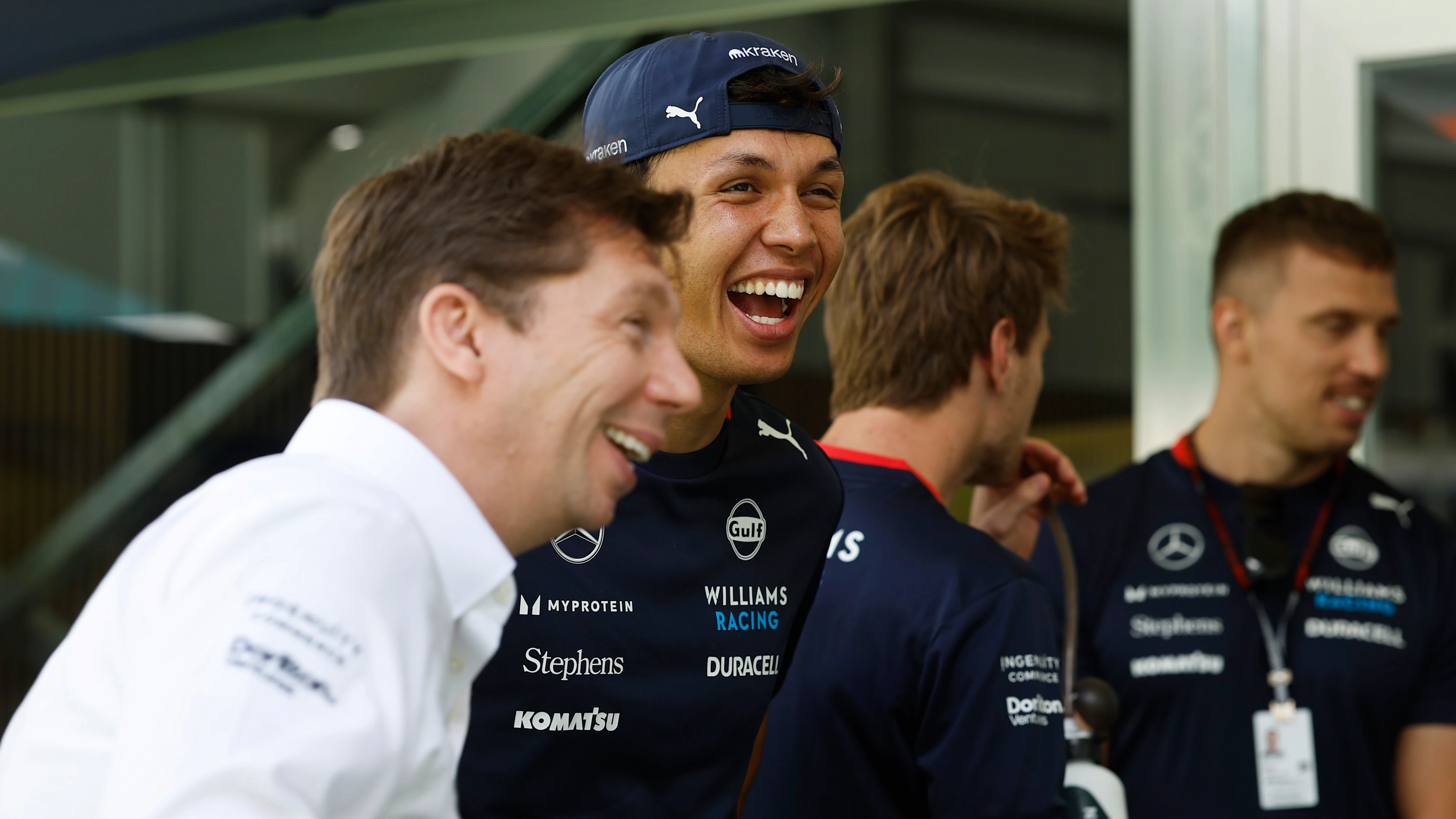 MIAMI, FLORIDA - MAY 03: Alexander Albon of Thailand and Williams and James Vowles, Team Principal