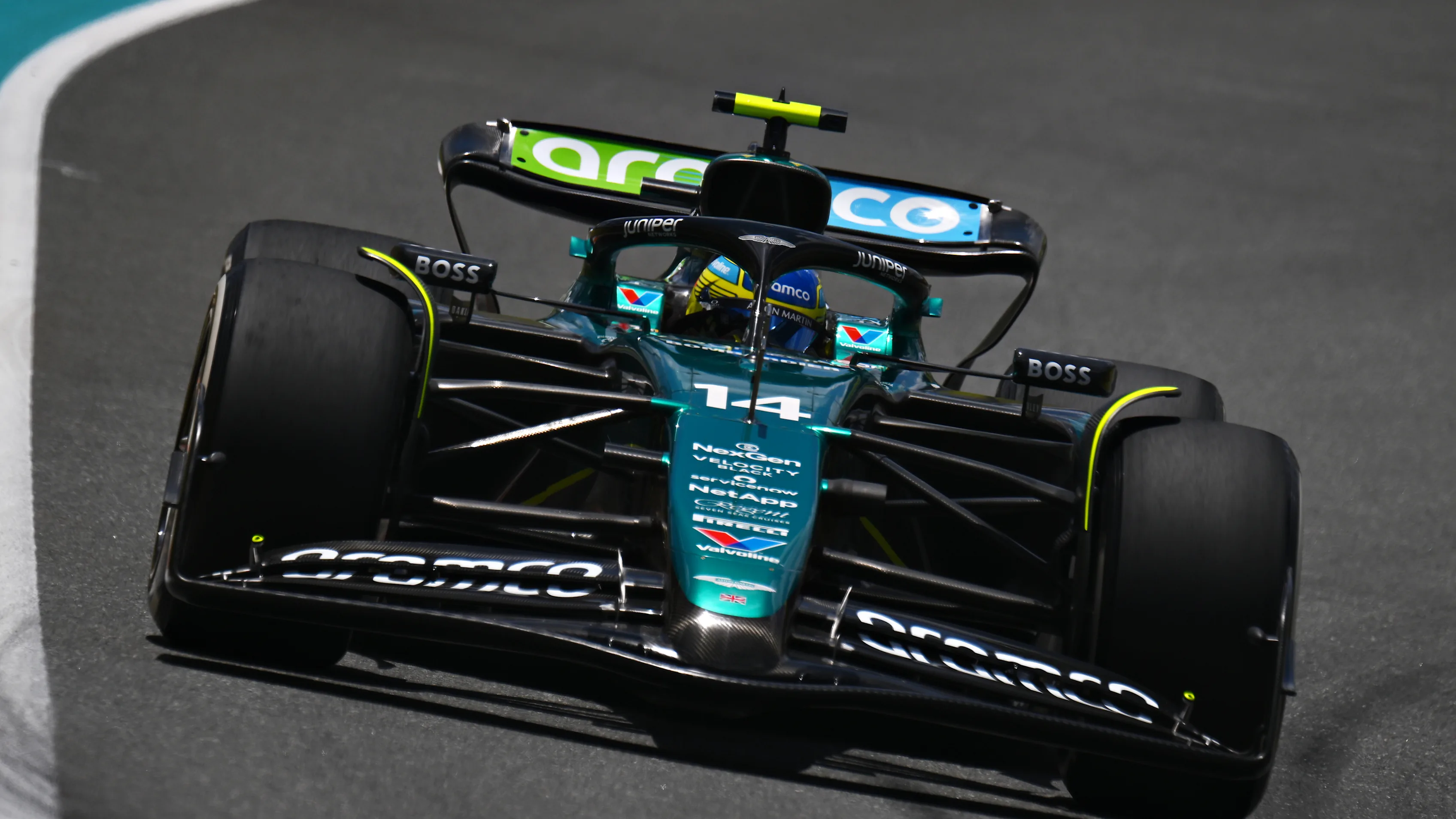 MIAMI, FLORIDA - MAY 03: Fernando Alonso of Spain driving the (14) Aston Martin AMR24 Mercedes on
