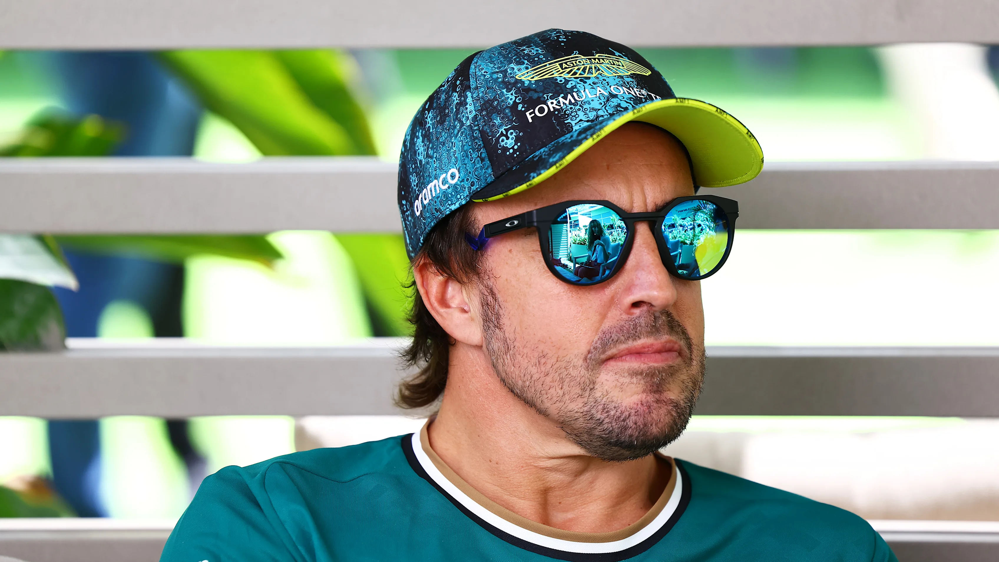 MIAMI, FLORIDA - MAY 02: Fernando Alonso of Spain and Aston Martin F1 Team looks on in the Paddock