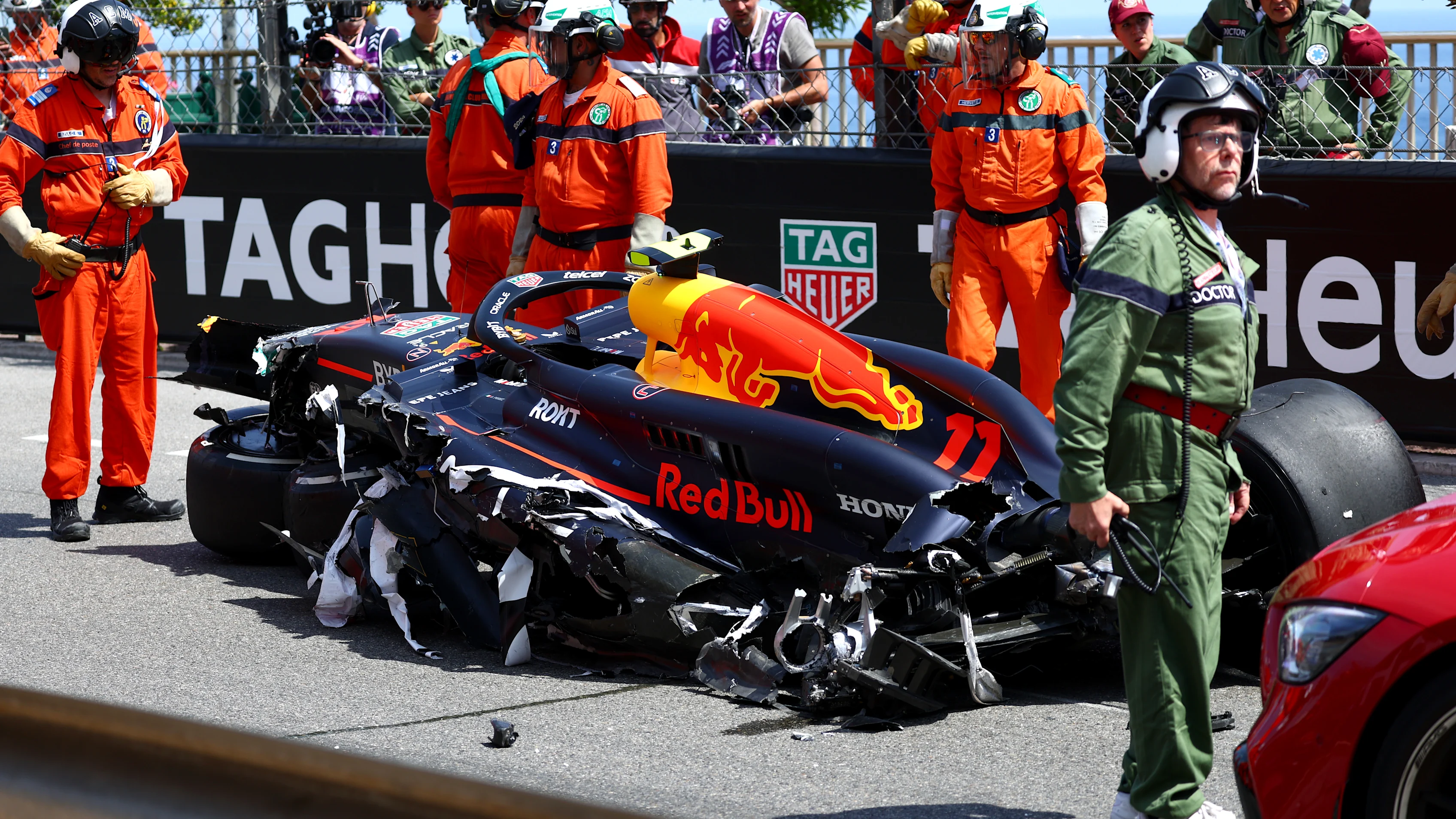 MONTE-CARLO, MONACO - MAY 26: The destroyed car of Sergio Perez of Mexico and Oracle Red Bull