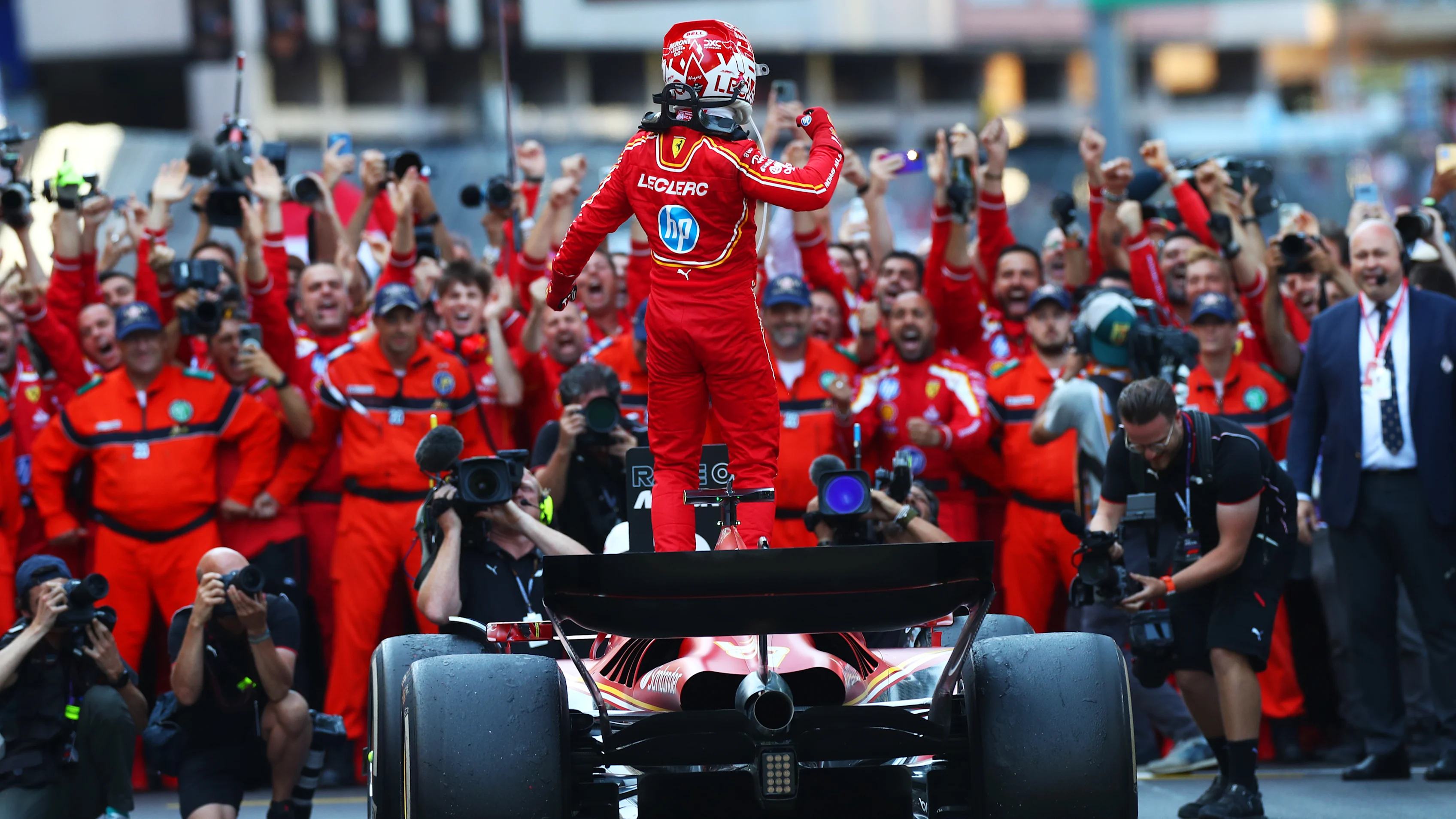 MONTE-CARLO, MONACO - MAY 26: Race winner Charles Leclerc of Monaco and Ferrari celebrates in parc
