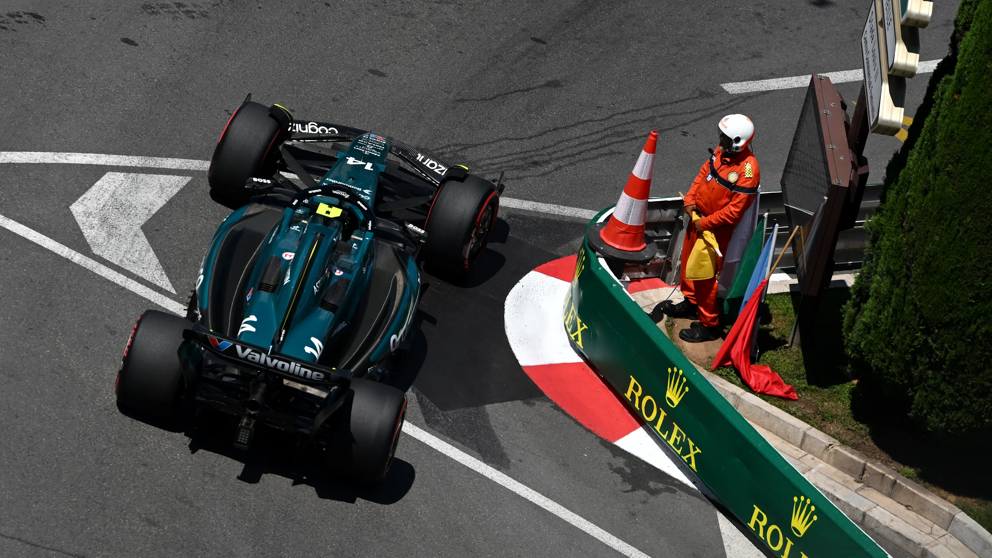 MONTE-CARLO, MONACO - MAY 25: Fernando Alonso of Spain driving the (14) Aston Martin AMR24 Mercedes on track during final practice ahead of the F1 Grand Prix of Monaco at Circuit de Monaco on May 25, 2024 in Monte-Carlo, Monaco. (Photo by Rudy Carezzevoli/Getty Images)
